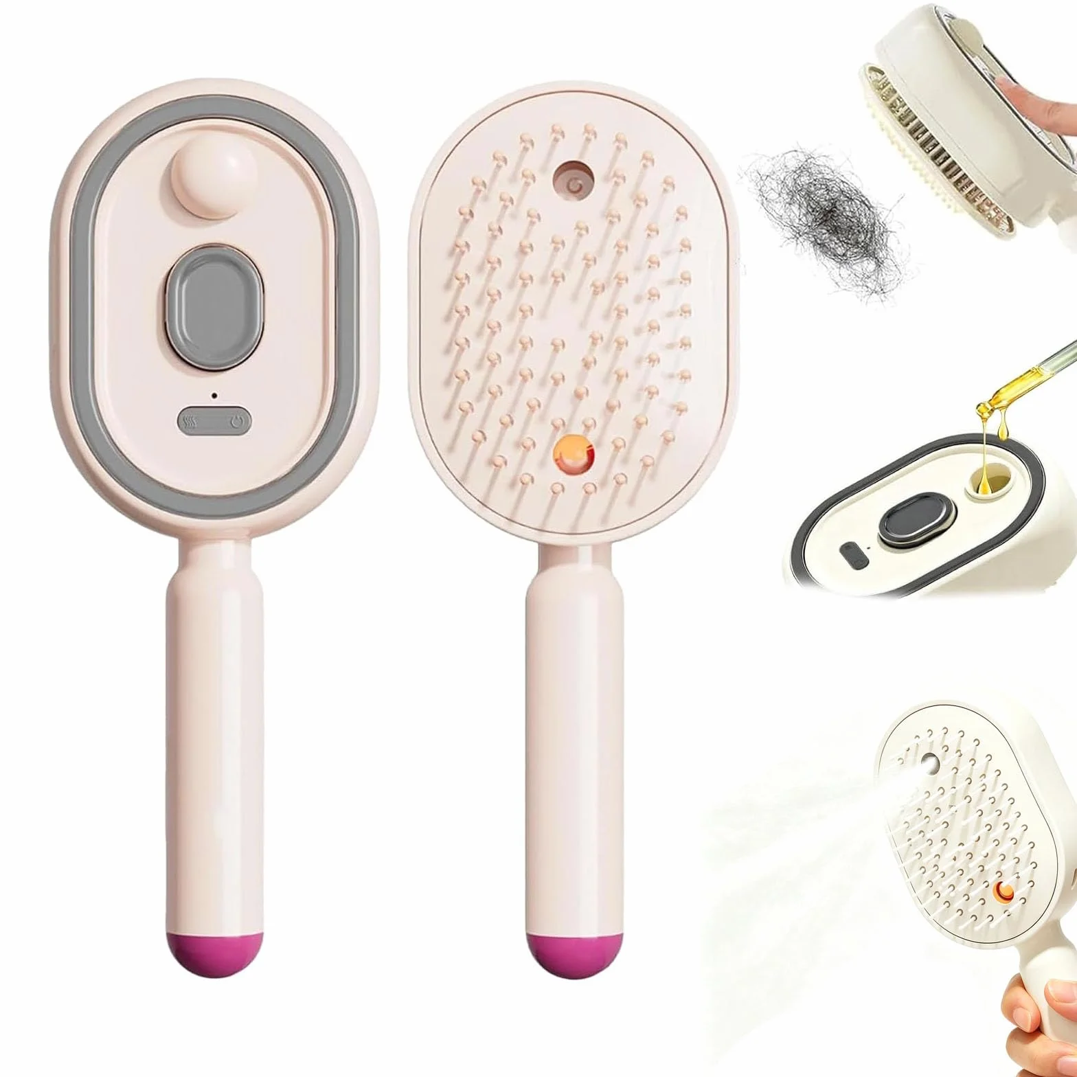 2026 Nouvelle brosse à vapeur électrique, brosse à cheveux rechargeable avec spray nano-brume, peigne à coussin d'air autonettoyant, outil de coiffure antistatique démêlant (Pink,without oil)