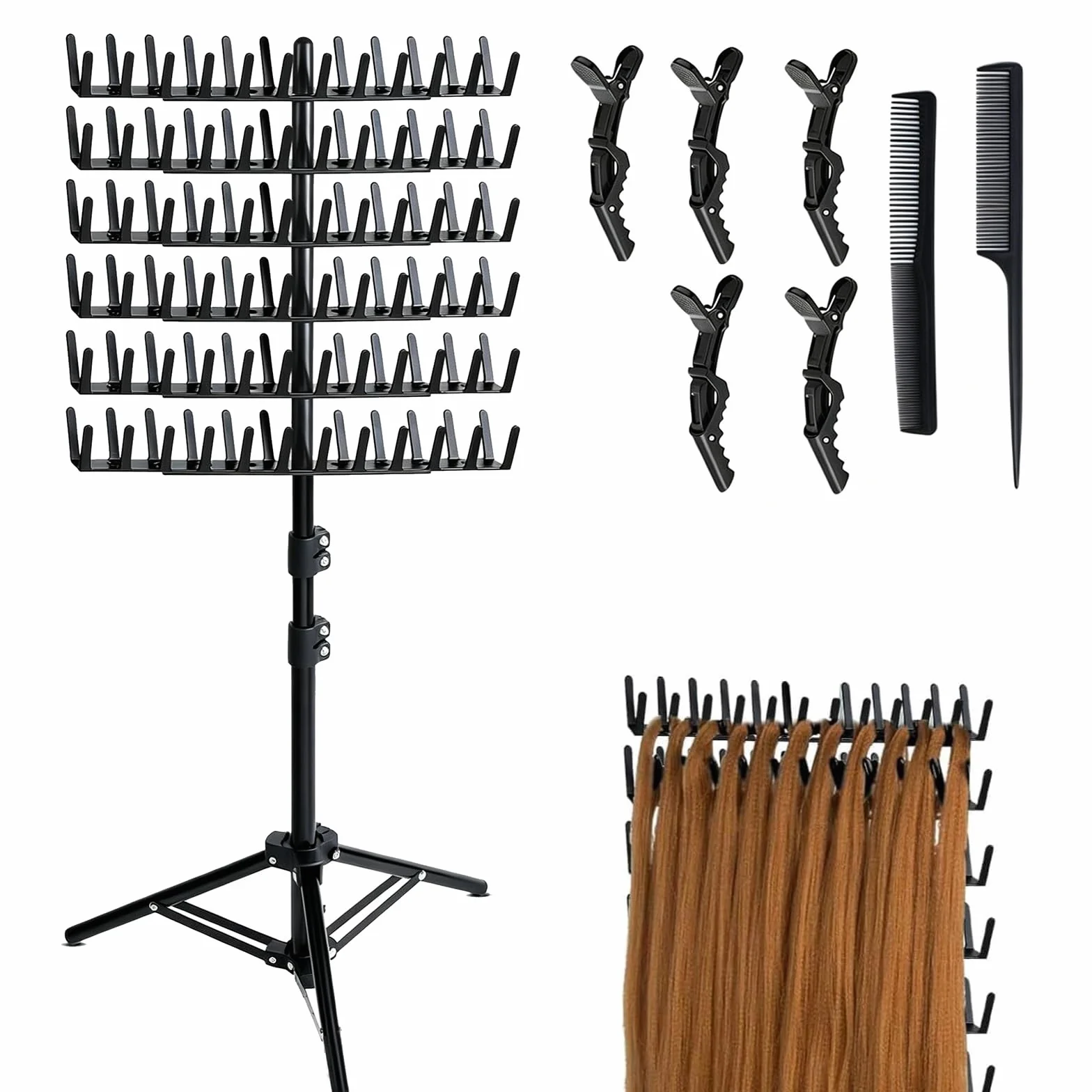 Braiding Hair Rack Support pour extensions de cheveux réglable en hauteur et pliable, 144 stylos, avec pinces à cheveux + peignes, support de perruque, pour coiffeurs et tresses, noir