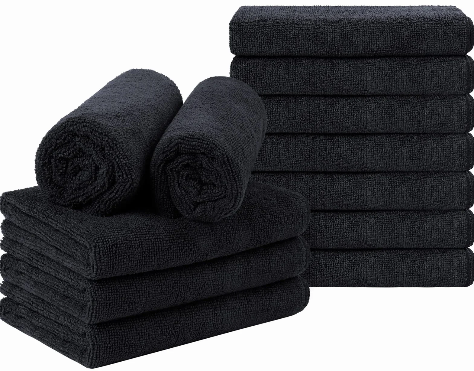 Orighty Lot de 12 serviettes de salon de coiffure noires (non résistantes à l'eau de Javel, 40,6 x 68,6 cm) en microfibre super douce et absorbante pour salon, main, salle de sport, bain, spa et soins