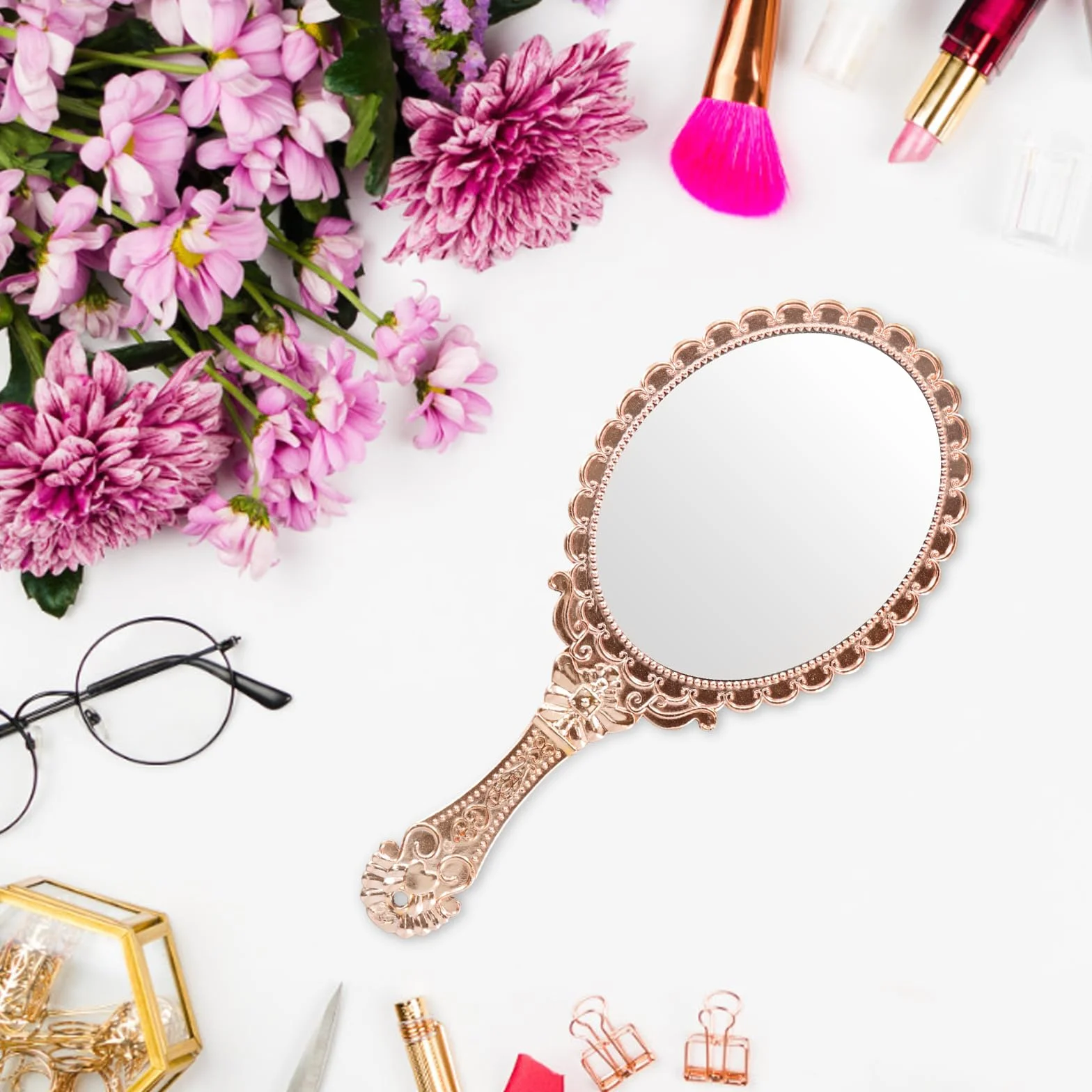 Miroir de Poche Vintage Miroir à Main Miroir de Voyage Miroir de Maquillage Or Rose