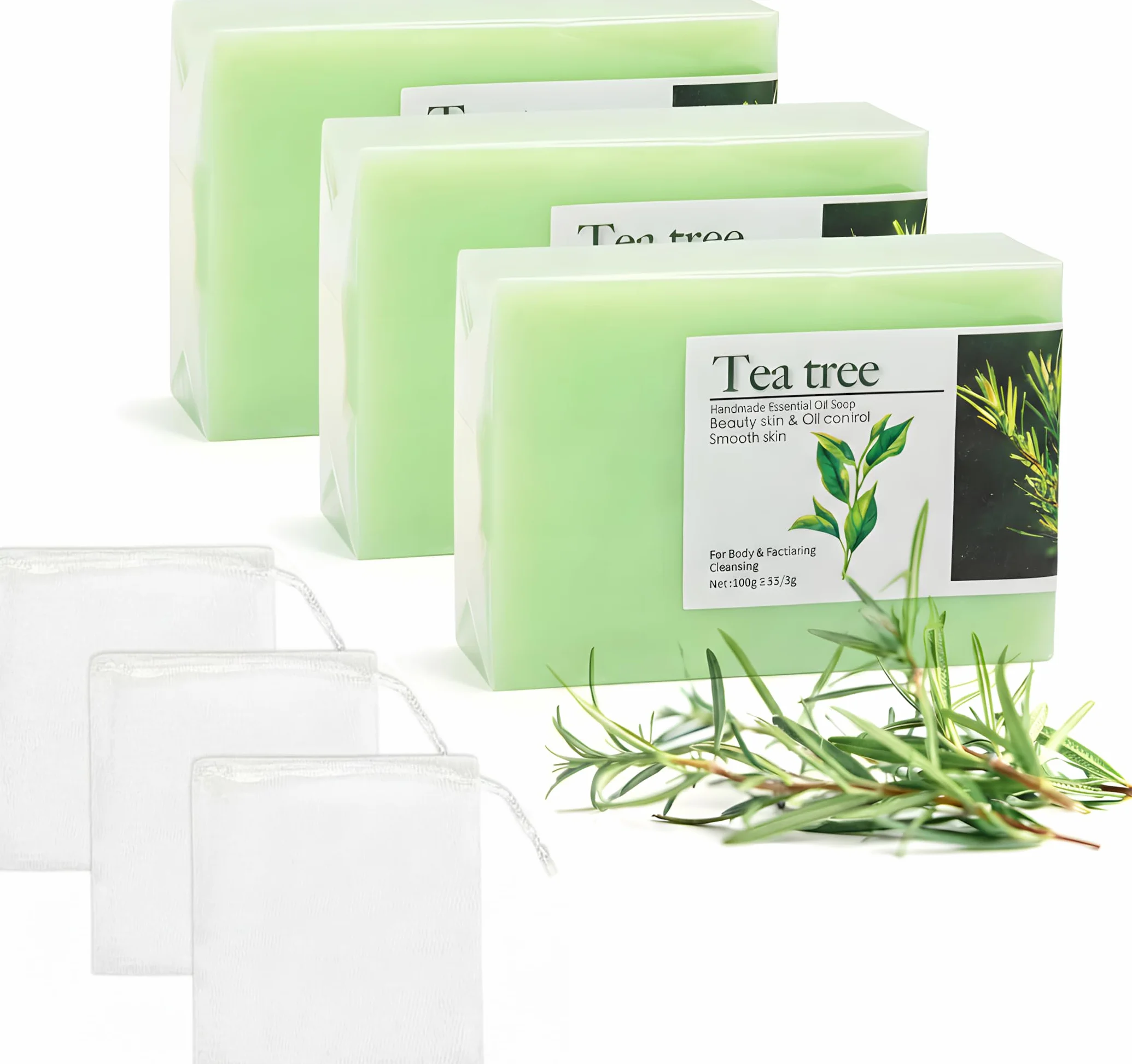 Savon nettoyant à l’huile d’arbre à thé – Lot de 3, purifiant visage corps mains, peaux grasses imperfections