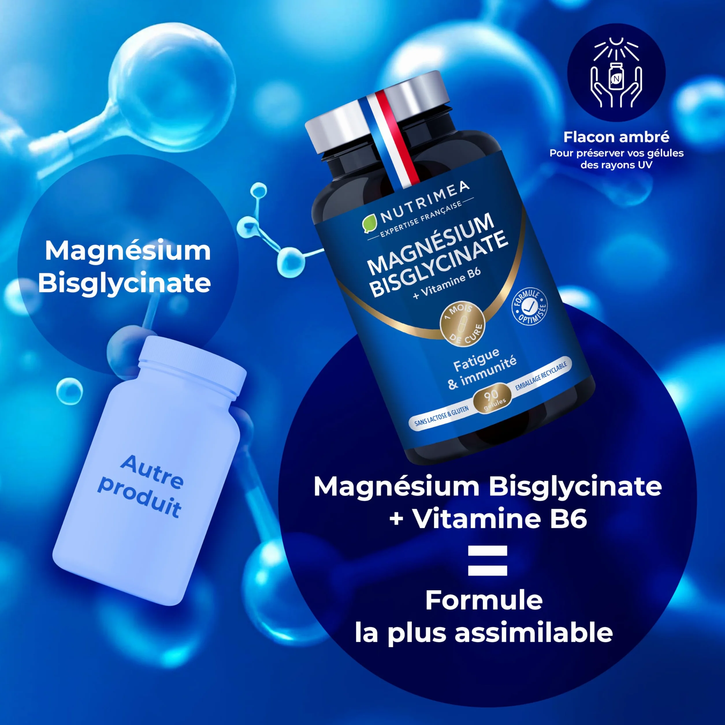 Nutrimea Magnésium Bisglycinate + Vitamine B6 90 Gélules Vegan Sommeil Stress Fatigue Absorption Maximale
