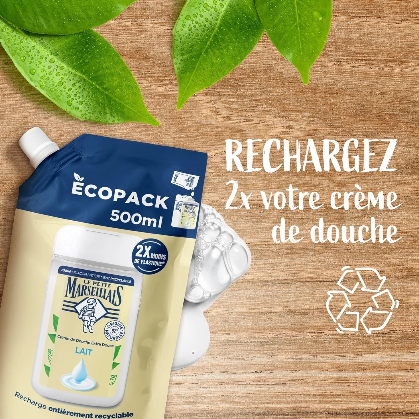 Le Petit Marseillais Recharge Crème de Douche Extra Douce Lait 500 ml – Gel Douche 92% Ingrédients Naturels pH Neutre