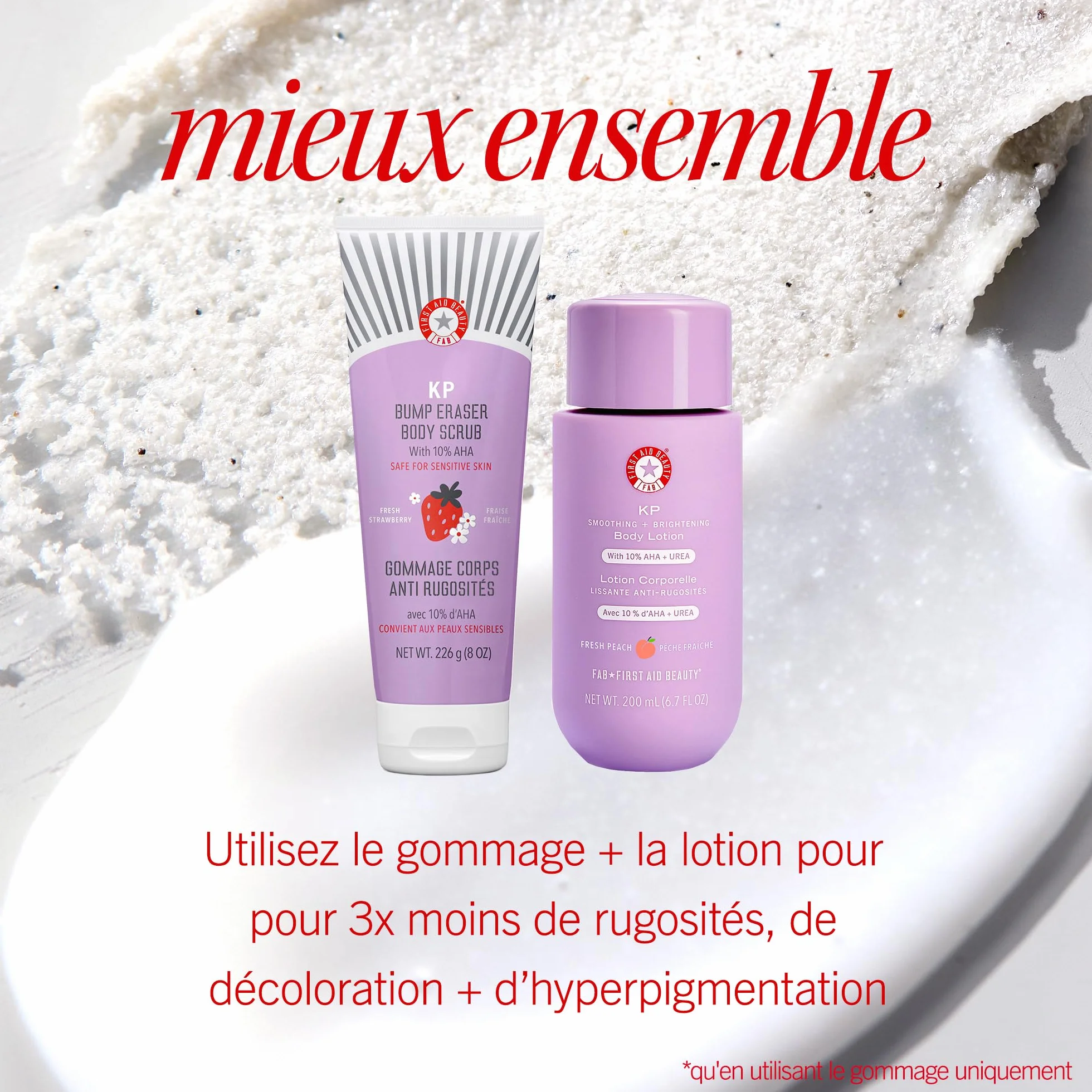 First Aid Beauty Gommage corporel KP Bump Eraser 10% AHA exfoliant kératose pilaire glycolique lactique