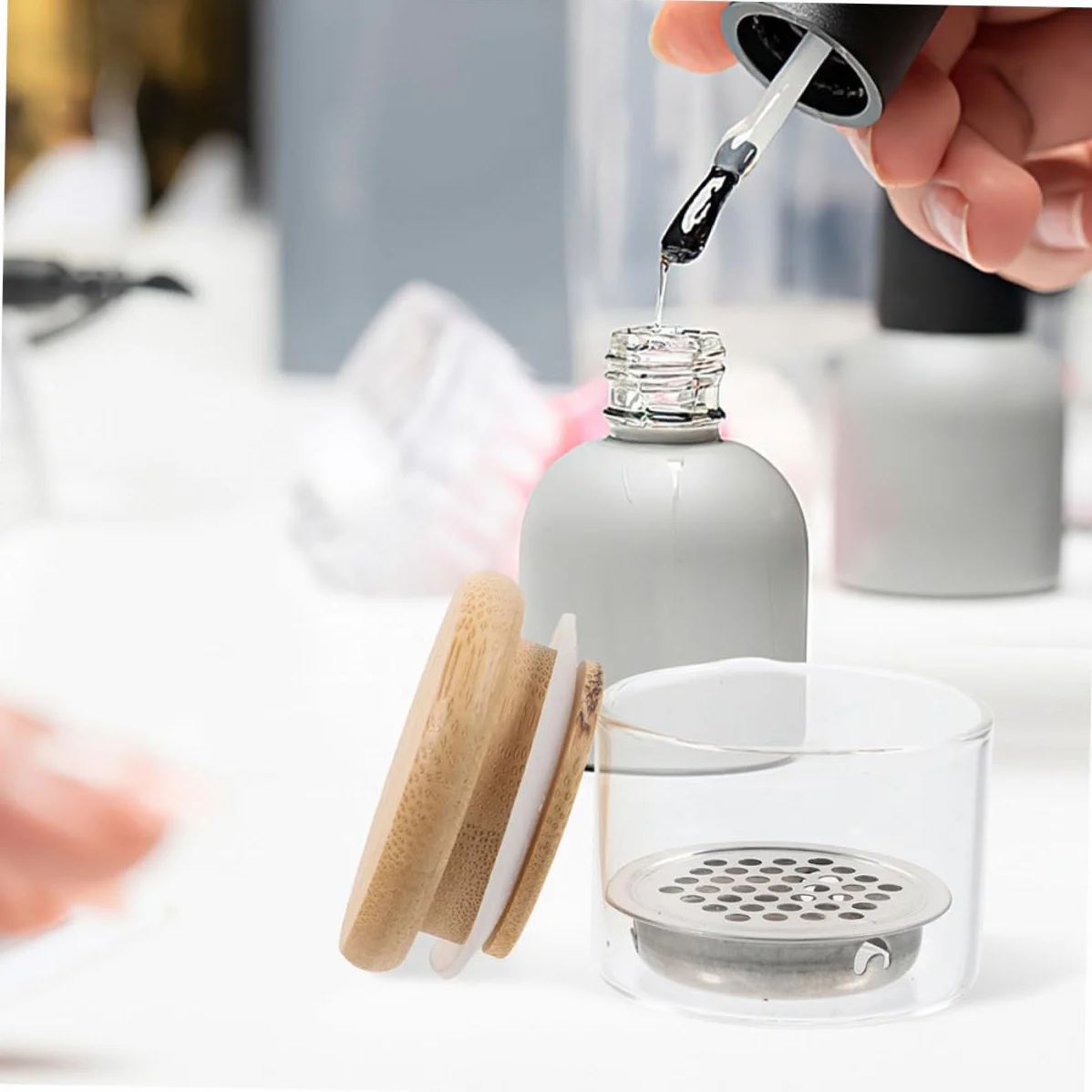 Lot de 2 Tasses à Manucure en Verre avec Couvercle, Bol Remplaçable pour Nettoyage de Pinceaux, Acier Inoxydable et Verre