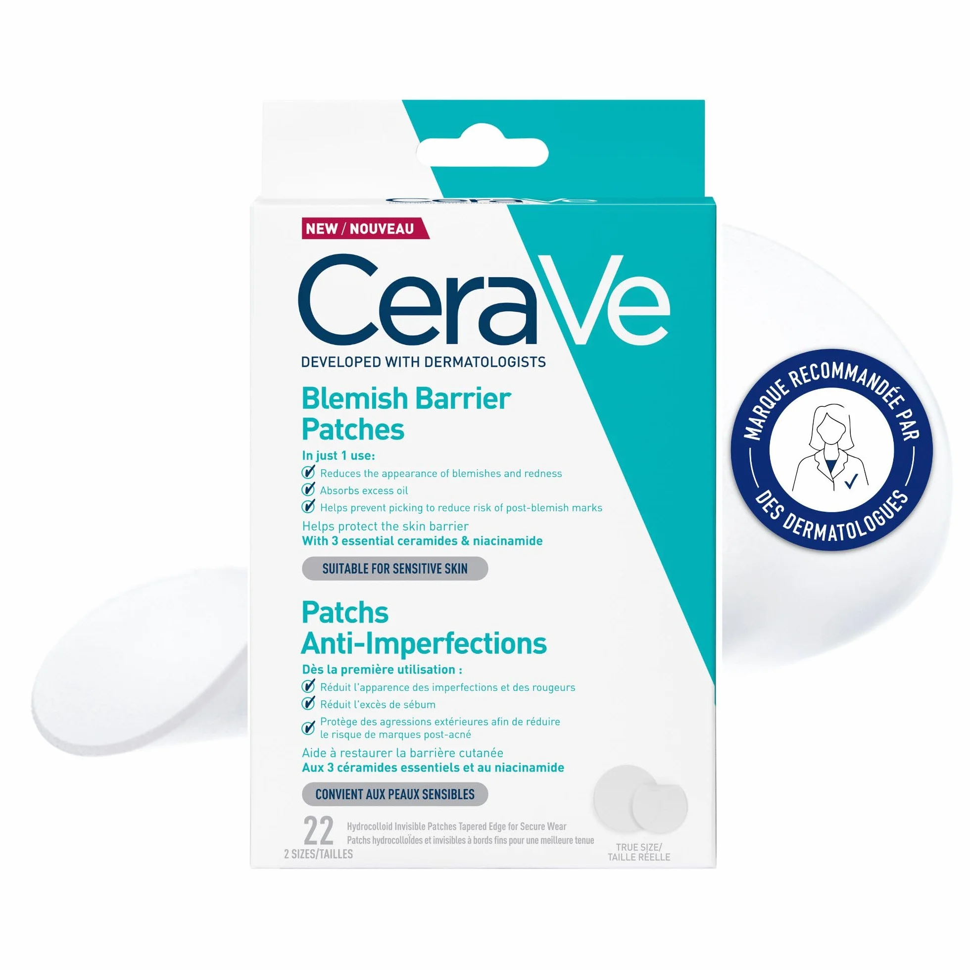 CeraVe Pimple Patch Anti-Imperfections Invisibles 22 Patchs Hydrocolloïde 10 & 12mm