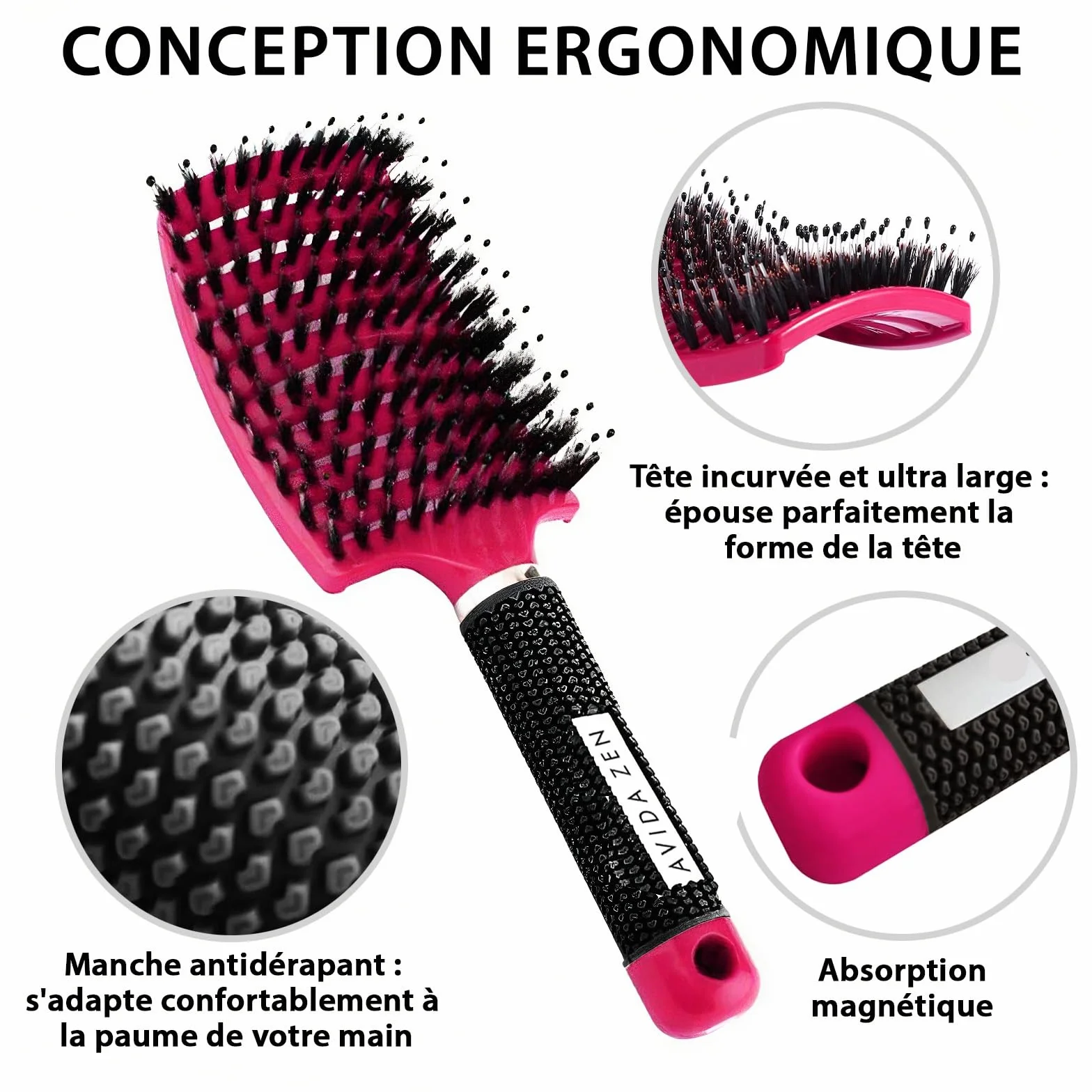 Brosse Poil de Sanglier 2 Brosses à Cheveux Démélant 100% Naturel Rose Arc-en-Ciel