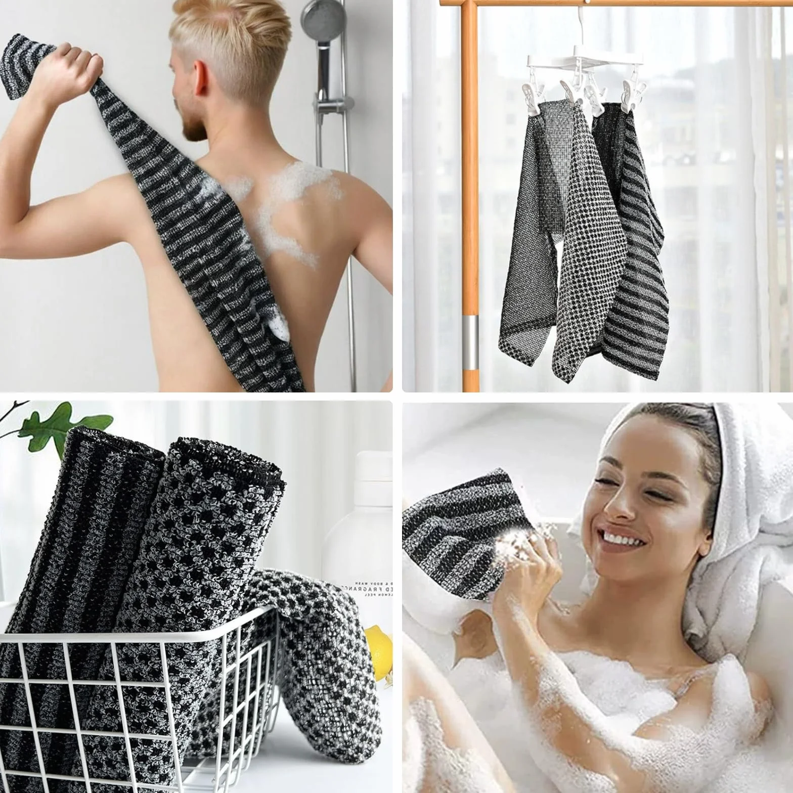 KEYRI Lot de 2 Serviettes de Douche Exfoliantes pour Nettoyage en Profondeur - Serviettes de Bain Durables pour Bain, Sauna, Spa, Noir