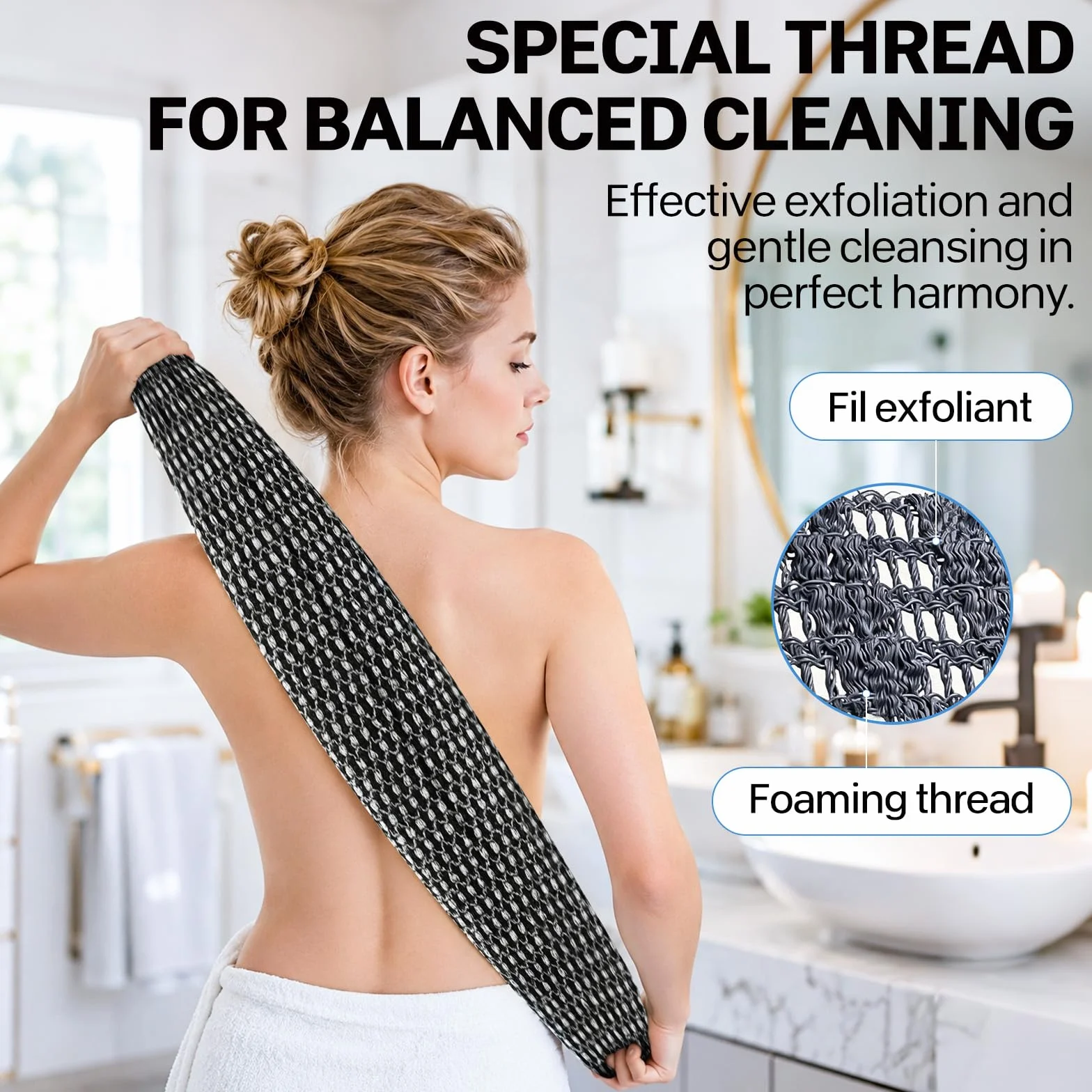 Serviette Exfoliante en Fibres de Bambou et Charbon Actif, Exfoliation Douce, Séchage Rapide, Noir