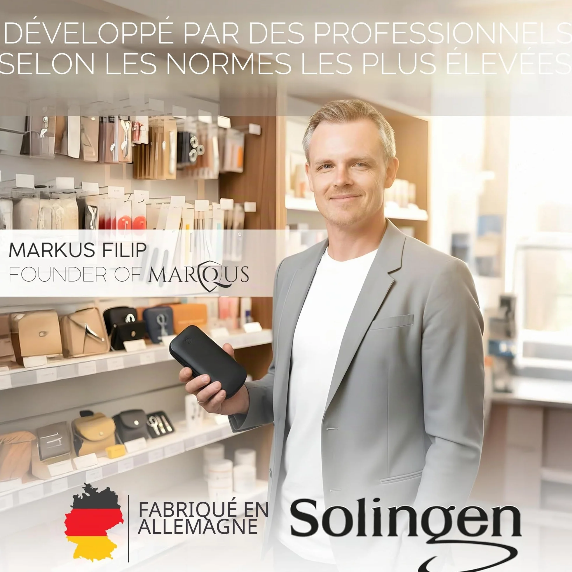 marQus Kit Manucure set 12 Pièces en Acier Solingen Allemagne – Coupe-Ongles, Lime à Ongles, Pince à Épiler, Étui en Cuir – Coffret Cadeau Femme & Homme, noir