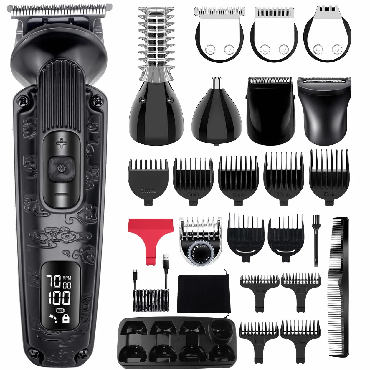 Hatteker Tondeuse à barbe homme Tondeuse cheveux Rasoir électrique pour homme Professionnel 8 en 1 Vitesse réglable Étanche Kit de toilettage visage nez corps (Noir)