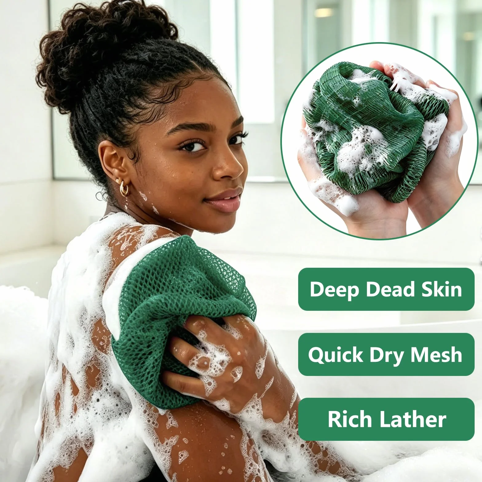 Filet de Douche Africain Éponge à Séchage Rapide Net Sponge avec Cordes pour Gommage Corps Doux Vert foncé