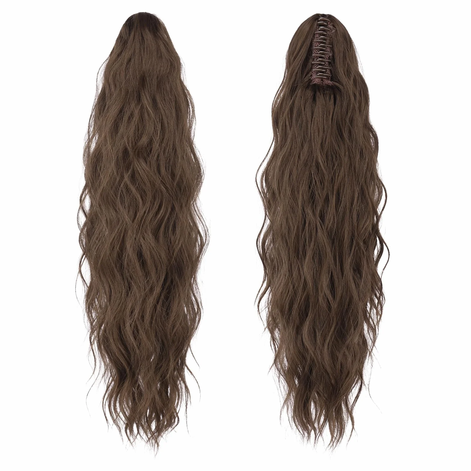 FESHFEN Extension Queue de Cheval avec Pince - Postiche Cheveux Naturel Ondulé Longue Ponytail Extensions Synthétique Fausse Rajout Postiches pour Femmes, 63 cm Châtain