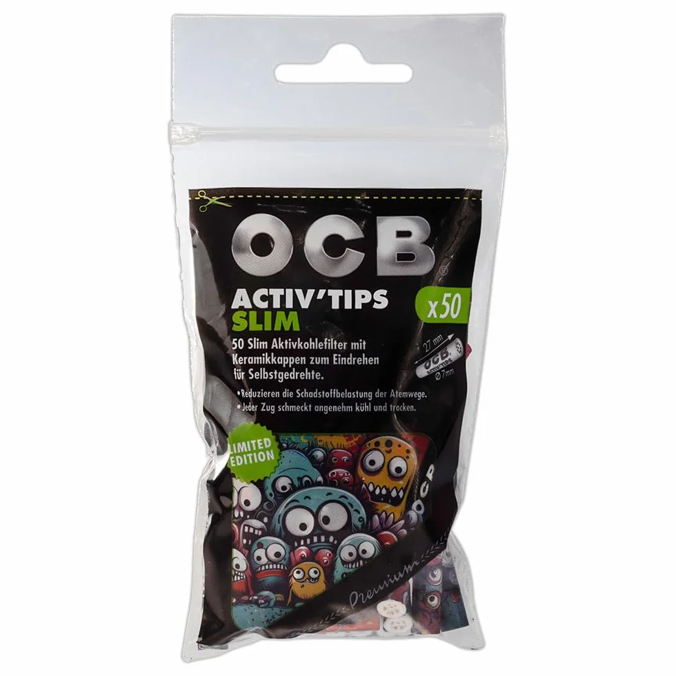 OCB Activ Tips Slim Filtres à charbon actif avec bouchons en céramique Lot de 50