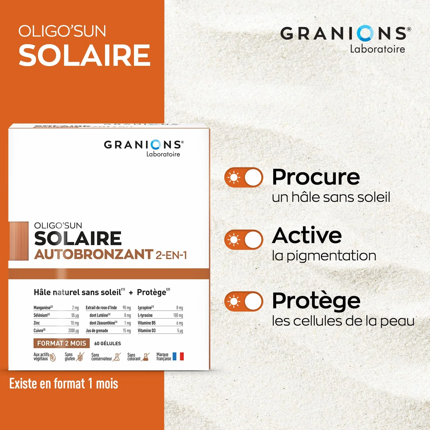 GRANIONS Bronzage Autobronzant Gélule 2-en-1 Complément Alimentaire Accélérateur Bronzage 60 Gélules Made in France
