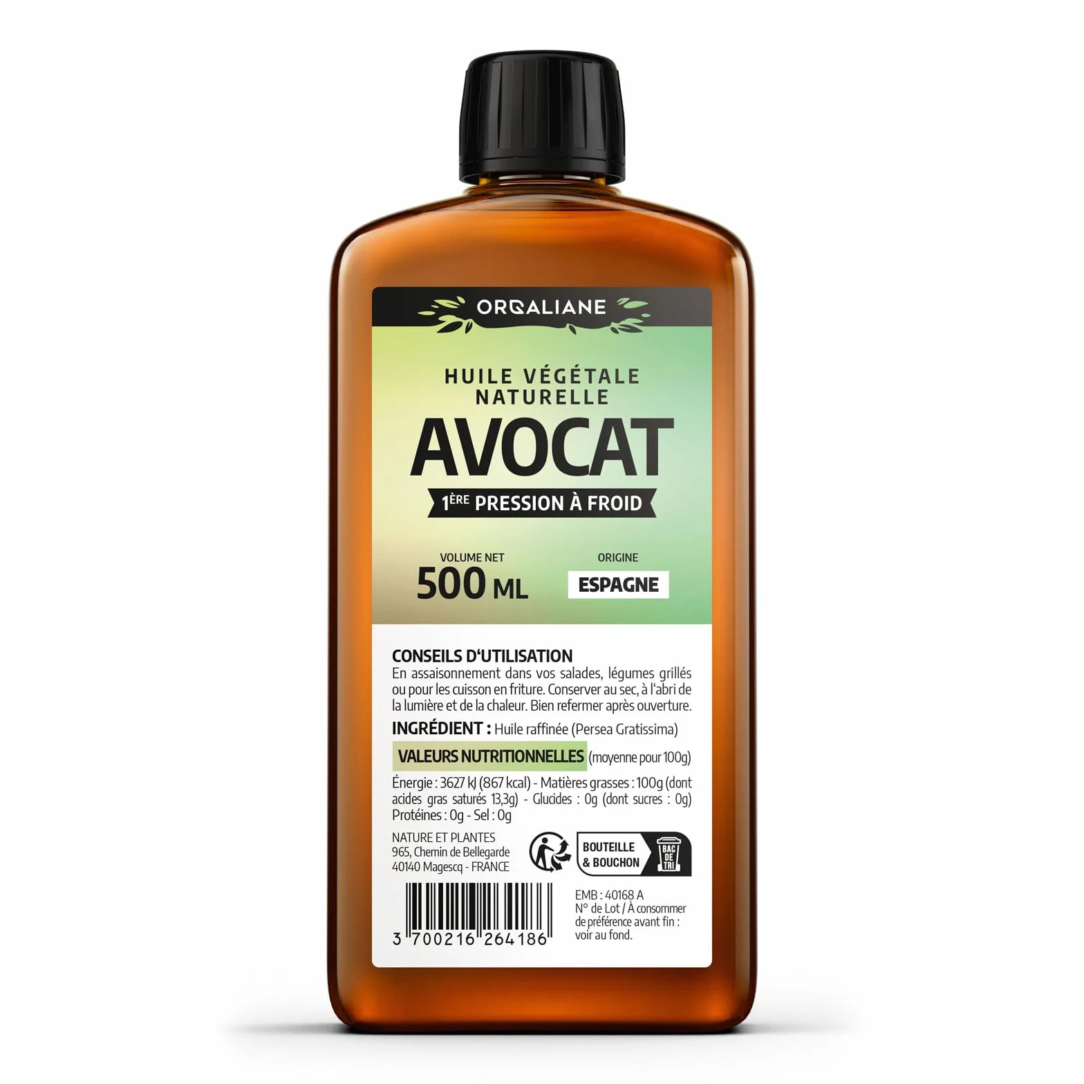 Huile d'Avocat 100% pure 500 ml - Assaisonnement cuisine - Huile corps et cheveux
