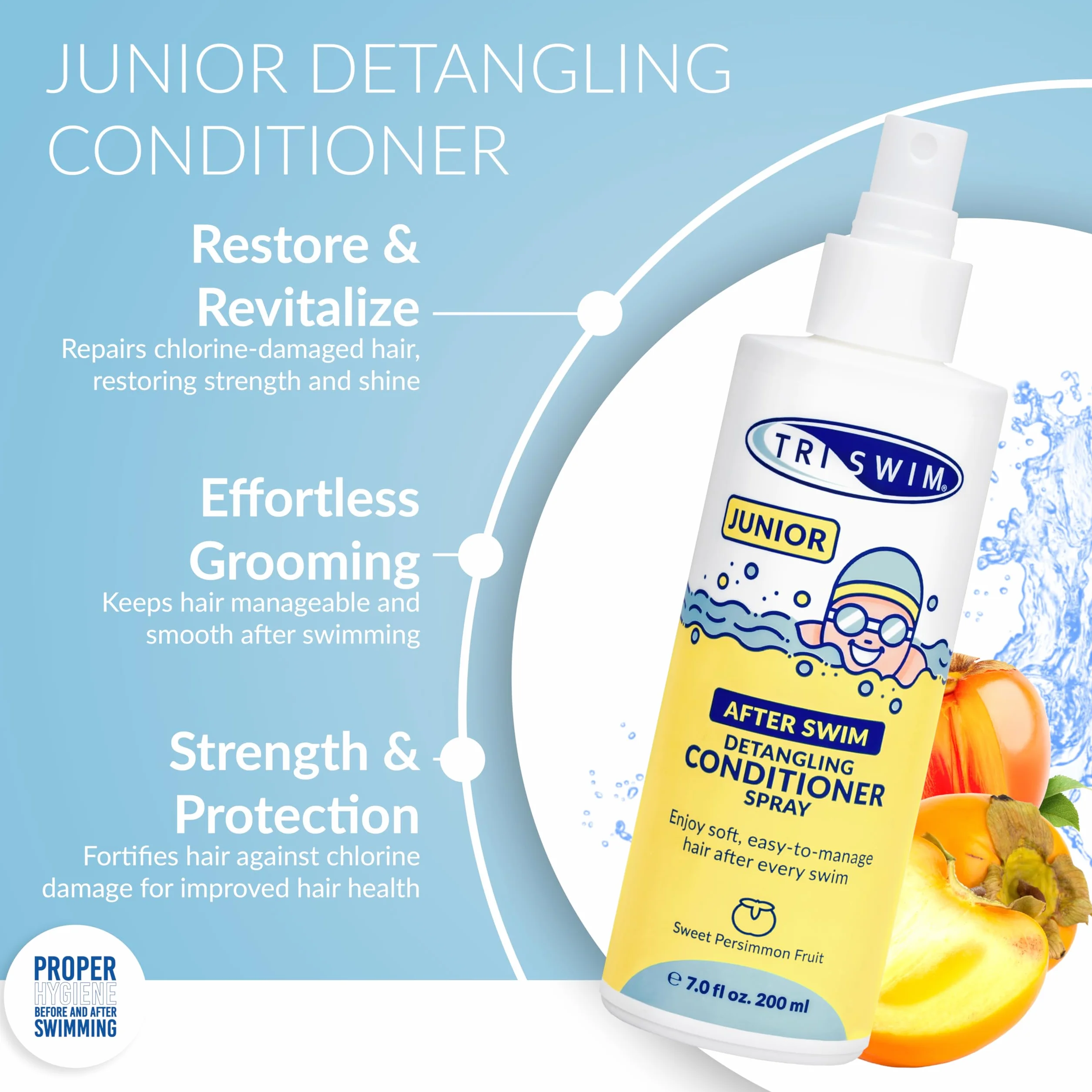 TRISWIM Après-shampoing démêlant Junior After Swim pour Enfants - Protège et répare cheveux endommagés par chlore, eau salée