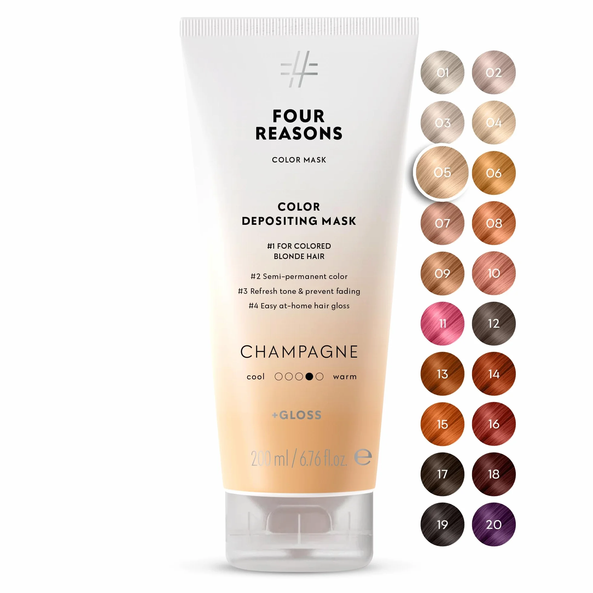 FOUR REASONS Masque Couleur, Blond Champagne (27 Couleurs) – Gloss & Conditionneur Déposant de la Couleur – Toner Capillaire Semi-Permanent pour Cheveux Colorés – Pour Femmes – Végétalien & Sans