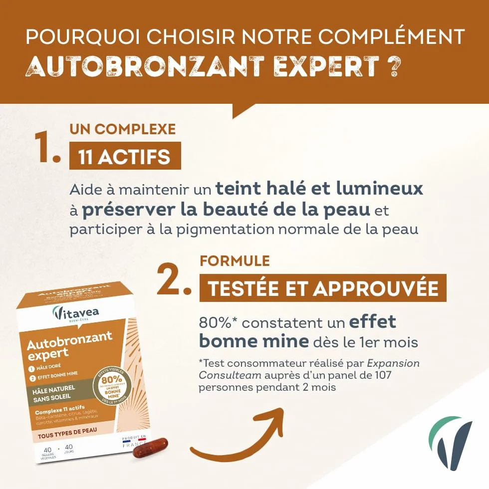 Vitavea Autobronzant Expert Hâle Doré Complément Alimentaire Bêta-Carotène Zinc Vitamines 40 Gélules