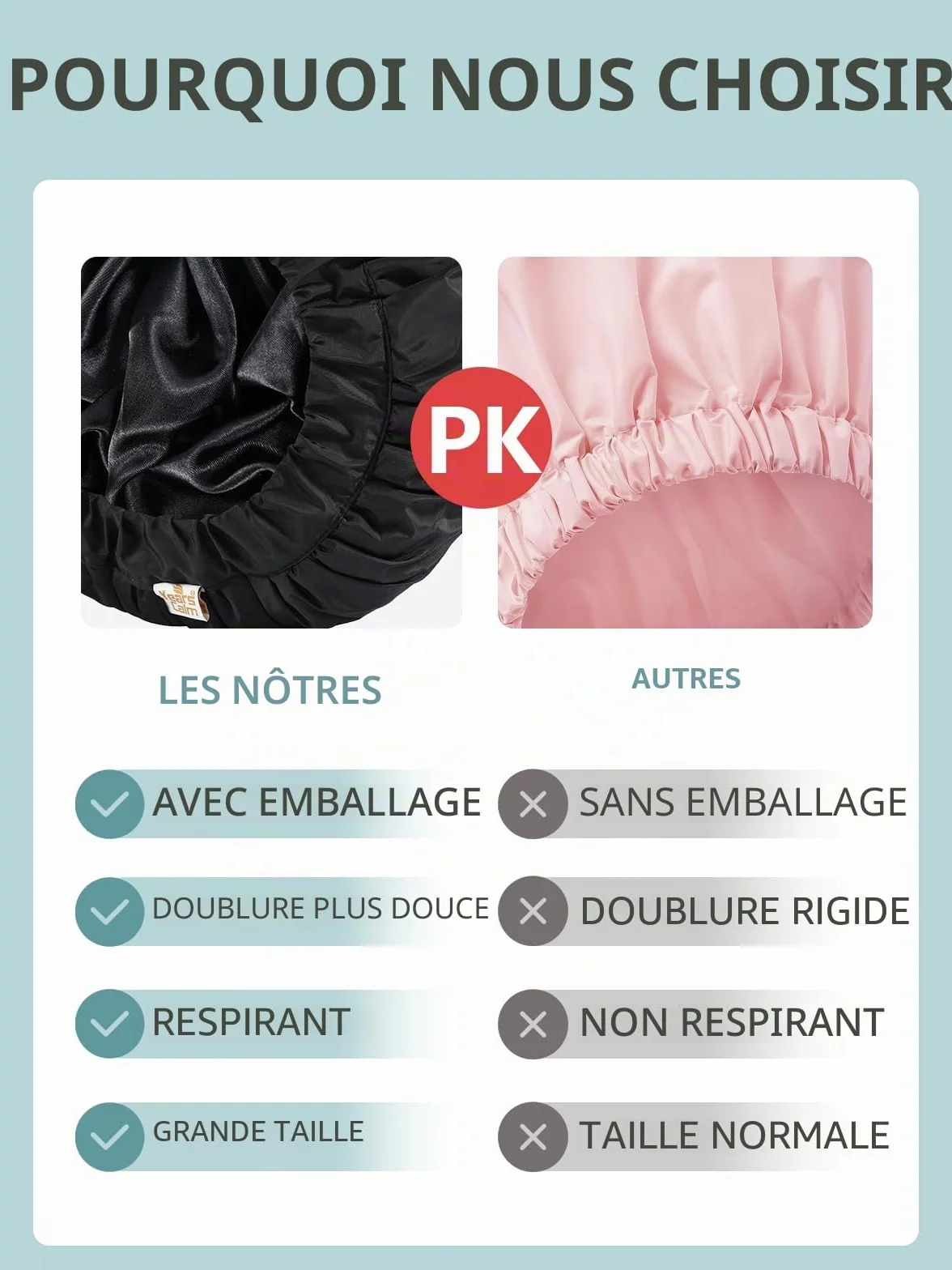 Bonnet de douche imperméable réutilisable pour femme, design élastique double couche, noir