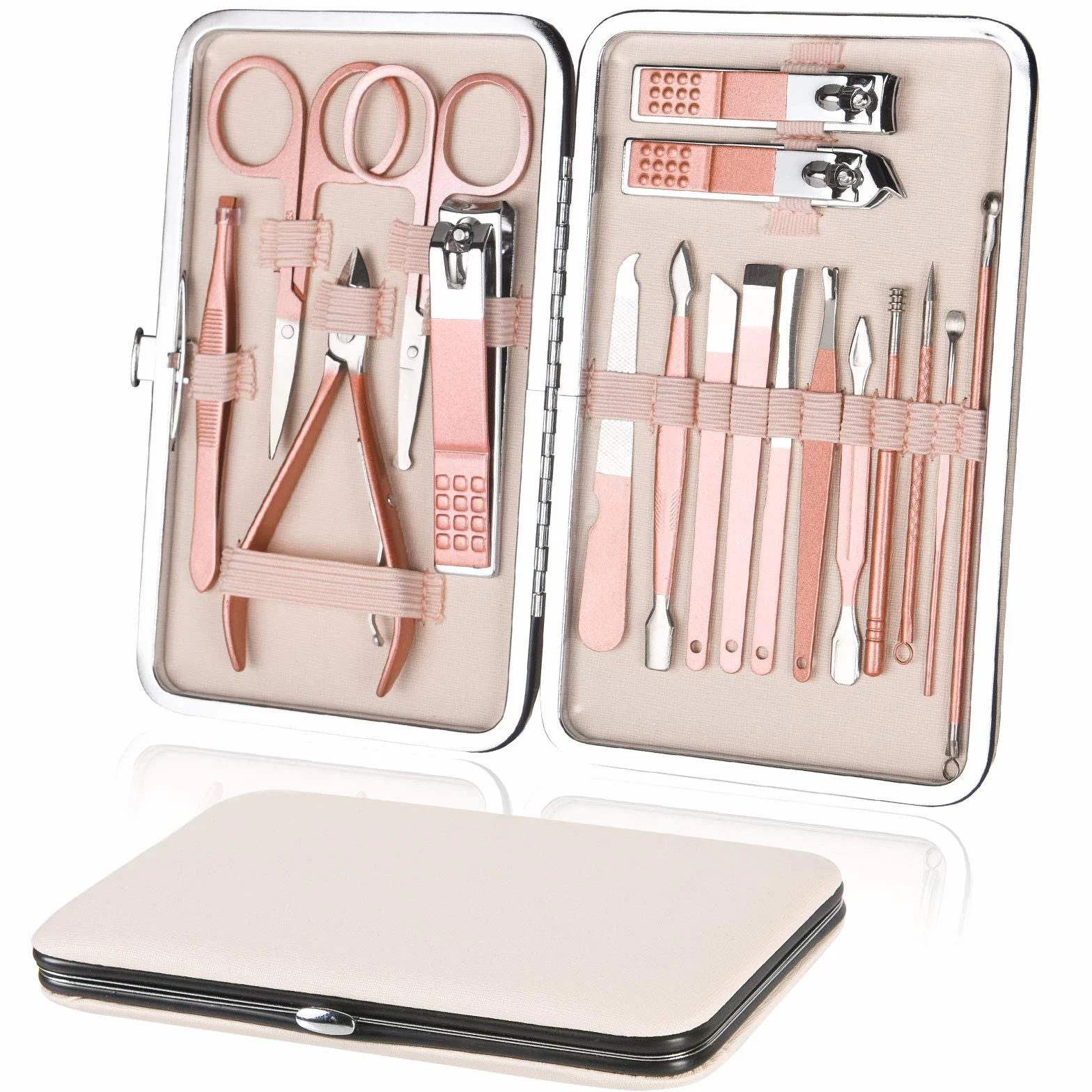 Kit Manucure Pédicure Professionnel 18 Pièces, Coupe-Ongles en Acier Inoxydable avec Boîte de Voyage (Or Rose)