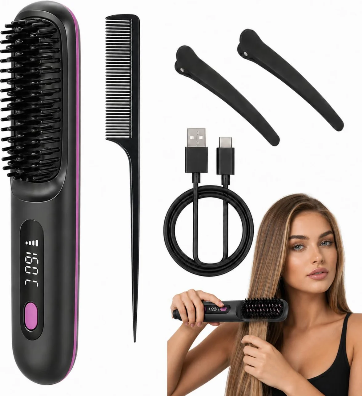 Sans Fil Brosse Lissante Cheveux Court Peigne Chauffant Portable Mini Lisseur Voyage 3 Températures