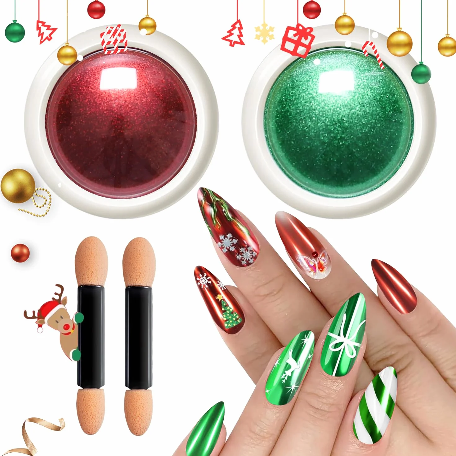 Rouge et Vert Poudre Chrome Ongle Rouge – Poudre Chromée Effet Miroir pour Ongles, Nail Art Chrome Pigment, Christmas Red Nail Powder