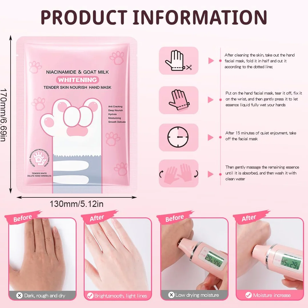 GXGM Masque Mains Chat Hydratation Intense Niacinamide Lait de Chèvre Éclaircit Uniformise Teint Soins Mains Séches Gercées
