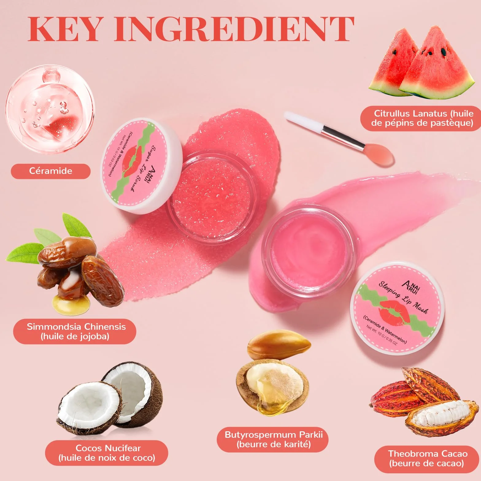 Coffret gommage et baume à lèvres, masque de nuit aux céramides et à la pastèque, soin lèvres sèches et gercées