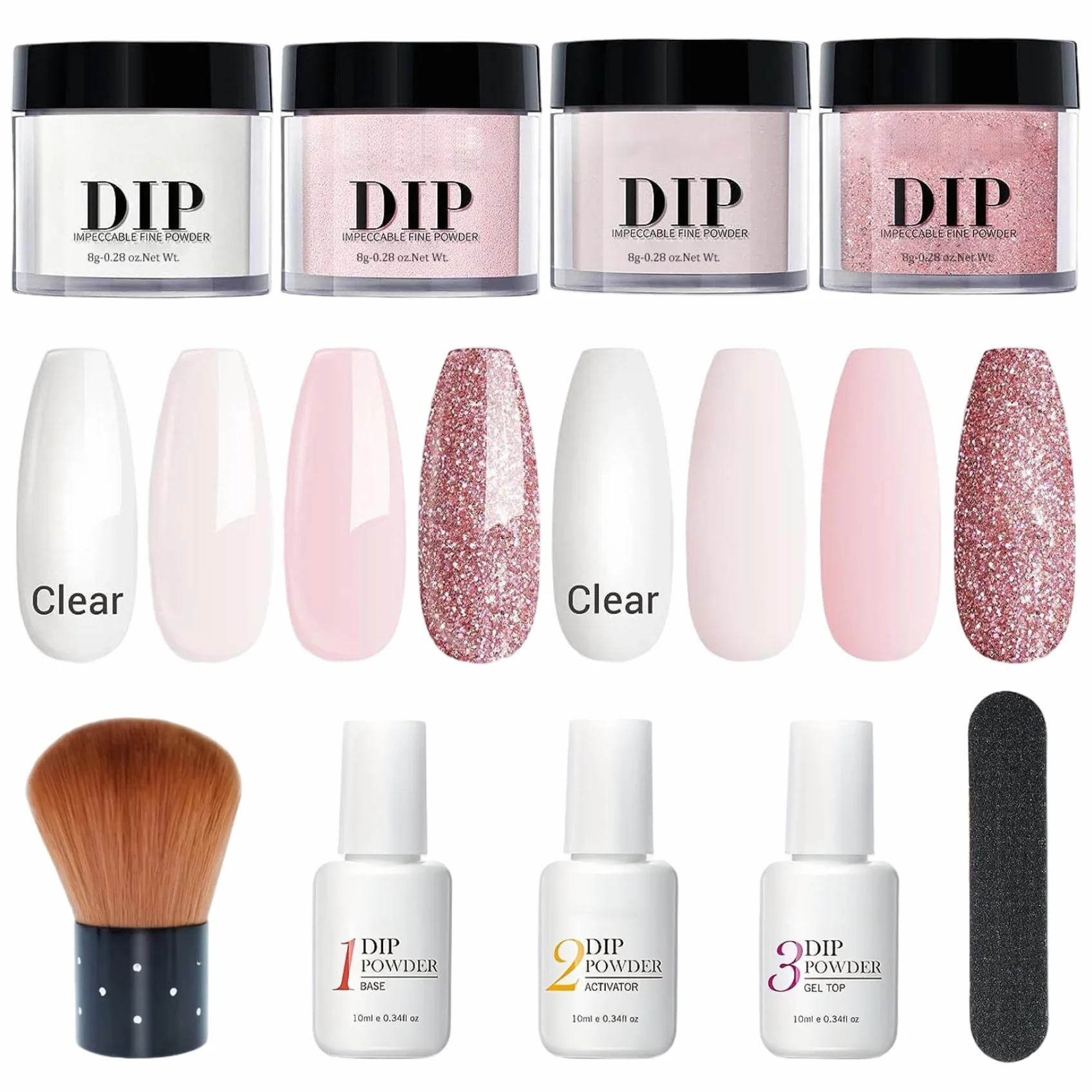 Kit de poudre de trempette à ongles 4 couleurs avec base et top coat