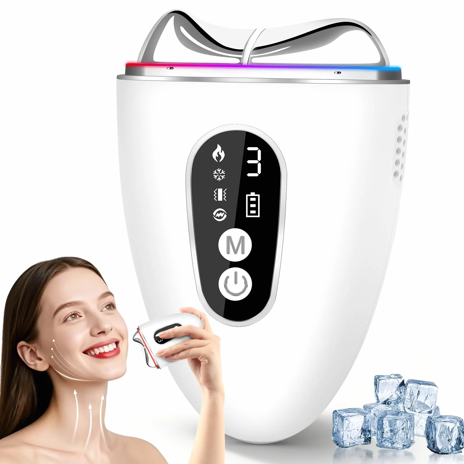 Appareil Anti Rides Massage Visage 4 Modes, EMS Guasha Électrique 4 en 1,Masseur Visage Lifting avec Froid Chaleur & Vibration,Masseur Facial pour Face Cou Anti-age Raffermissant