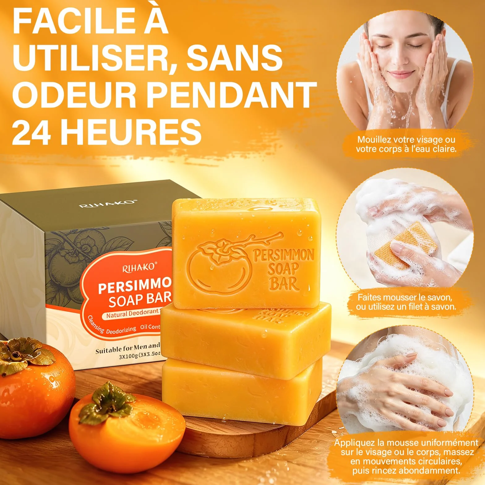 Savon au Kaki Déodorant Naturel Contre les Odeurs Corporelles, lot de 3