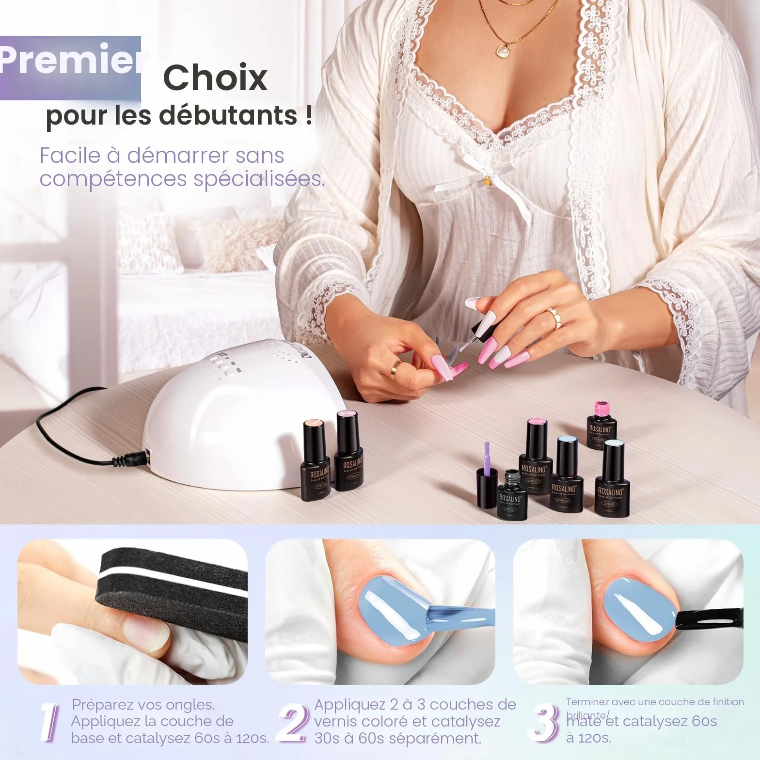 Kit Vernis Semi Permanent ROSALIND 20+4 PCS UV/LED Lampe 48W Ponceuse Électrique Ongle Gel Complet