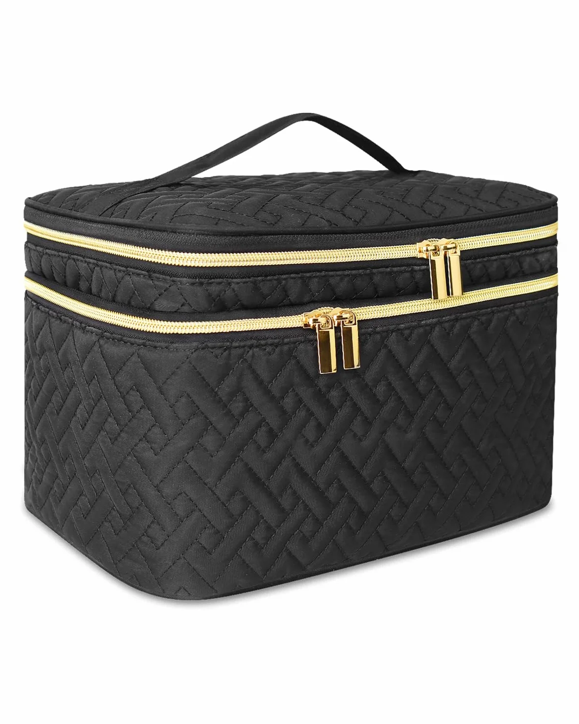 Trousse de Toilette Femme Grande Double Couche avec Compartiment à Pinceaux, Résistante à l'Eau, Noir