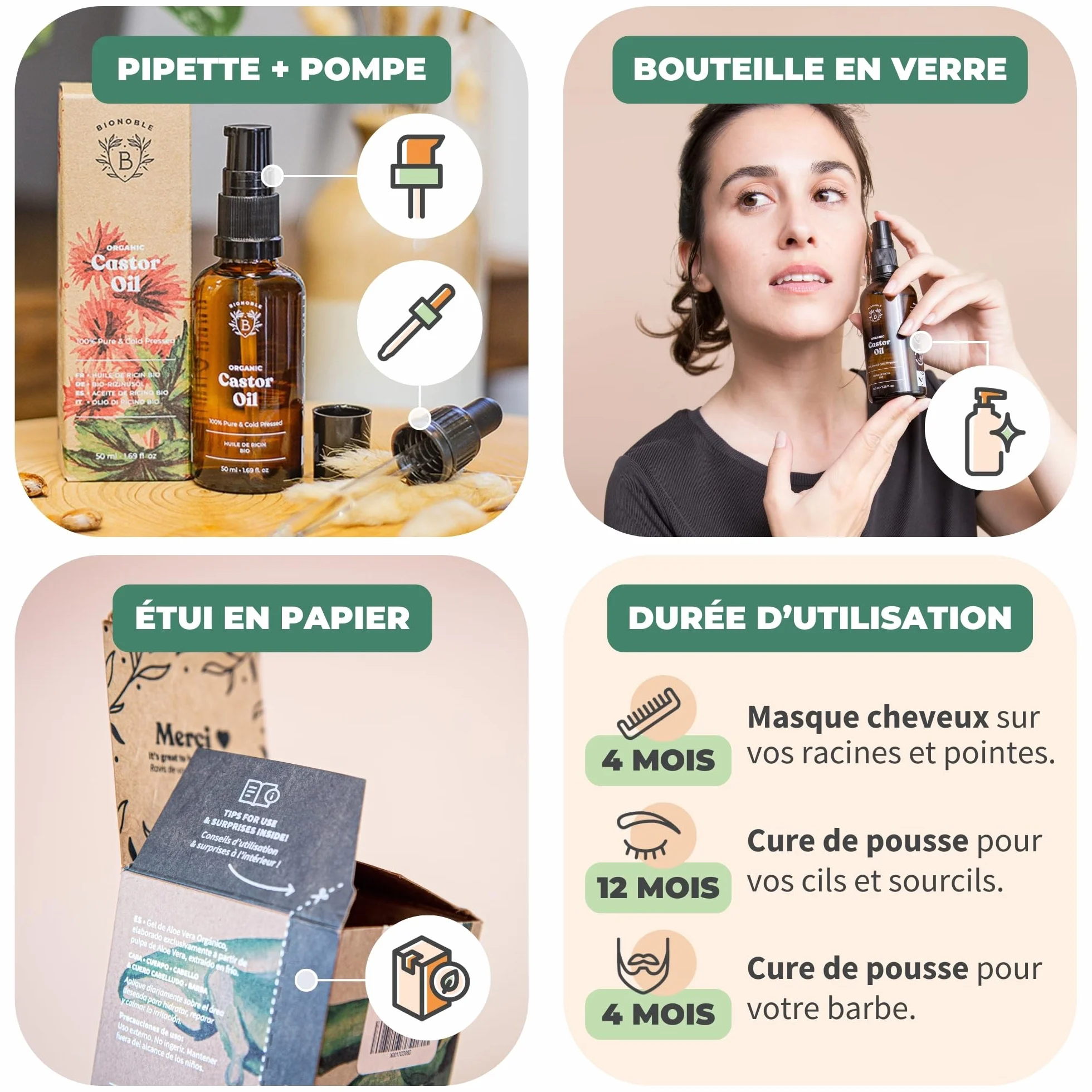 Huile de Ricin Bio Pressée à Froid 100% Naturelle pour Cheveux, Cils, Sourcils - Castor Oil 50ml