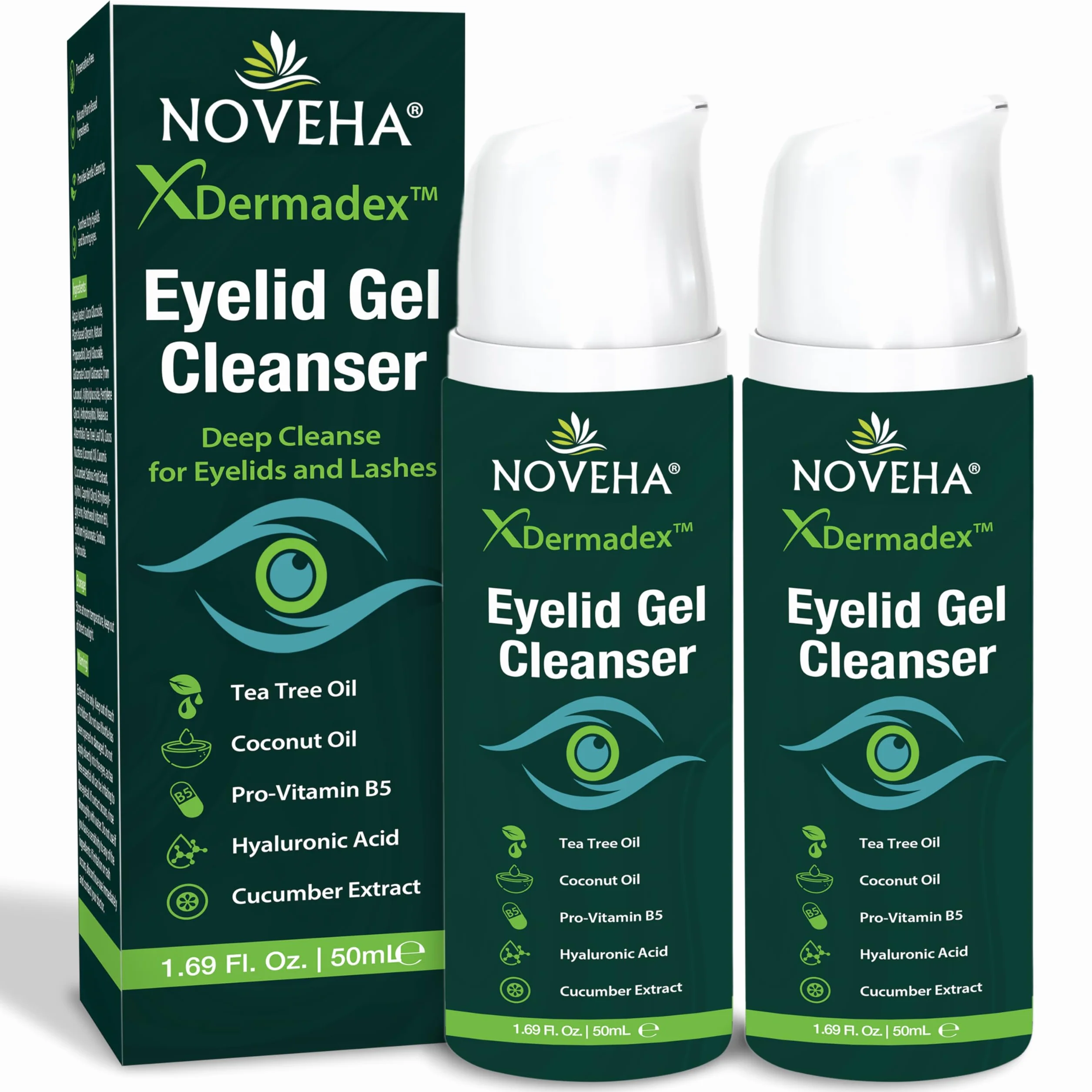 NOVEHA Demodex Lot de 2 gels nettoyants extra forts pour les paupières démodex, MGD et yeux secs avec provitamine B5, huile d'arbre à thé et acide hyaluronique – Nettoyage doux, apaise les