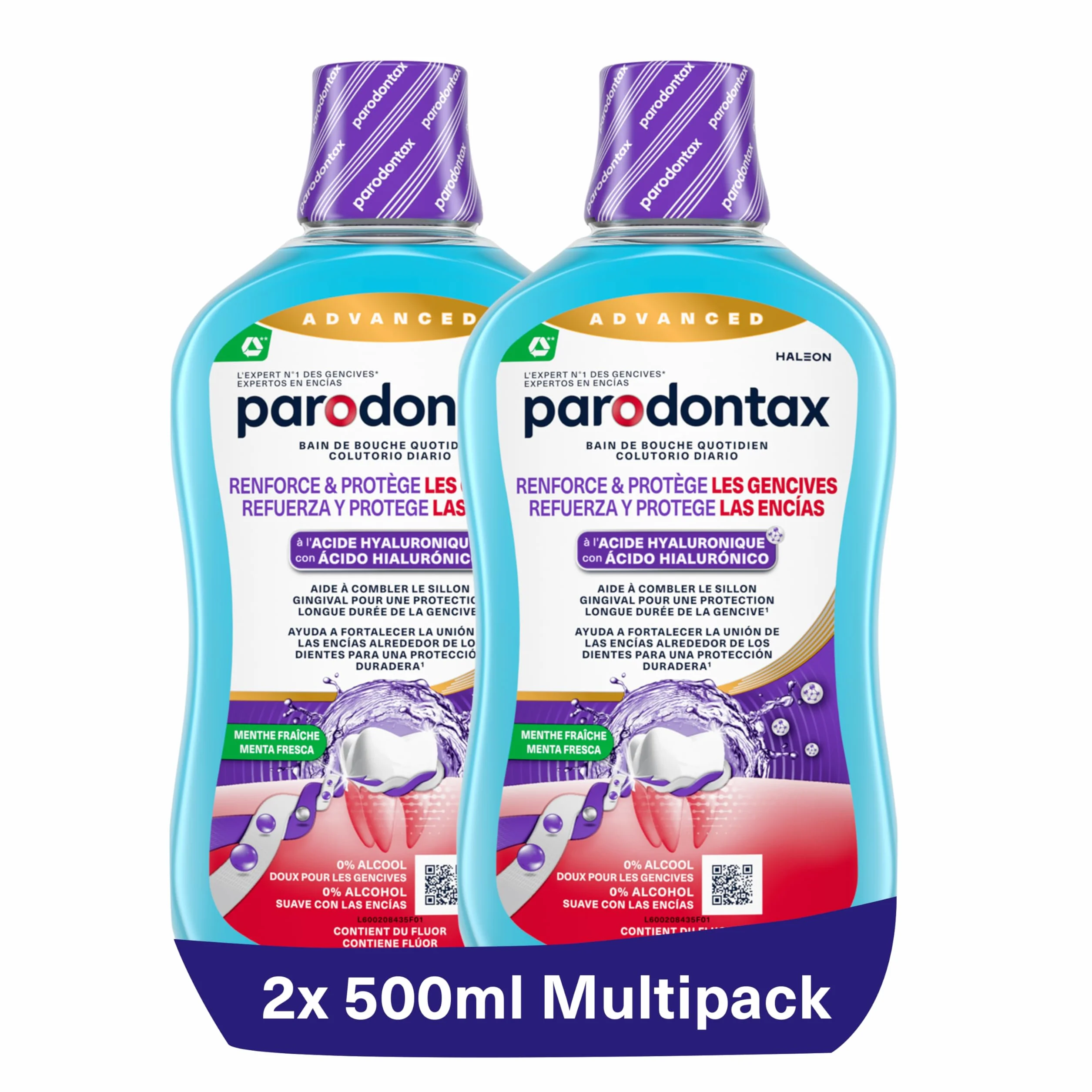 PARODONTAX Bain de Bouche Quotidien Acide Hyaluronique 0% Alcool Menthe Fraîche 2 x 500 ml