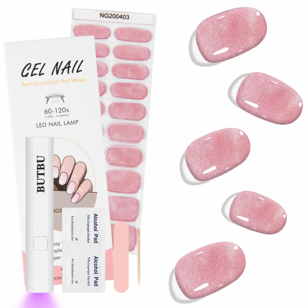 Autocollant Ongle Gel UV 20pcs, Vernis Autocollant UV, Film Ongles Autoadhésif avec Lampe UV Lime Bâton, Quartz Rose