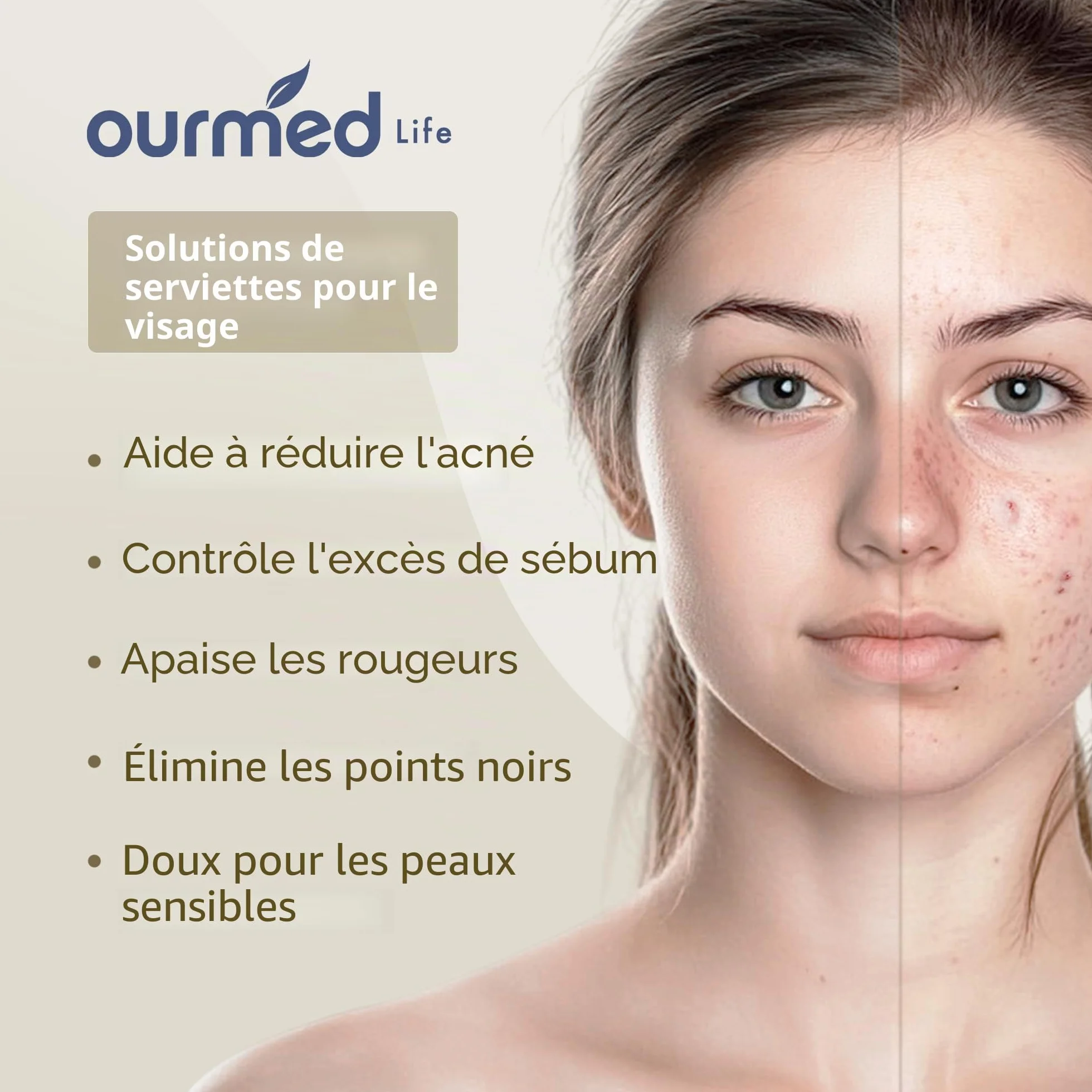 Ourmed Life Serviettes Faciales Jetables Biodégradables pour Peaux Sensibles, 10"x12", 50 unités