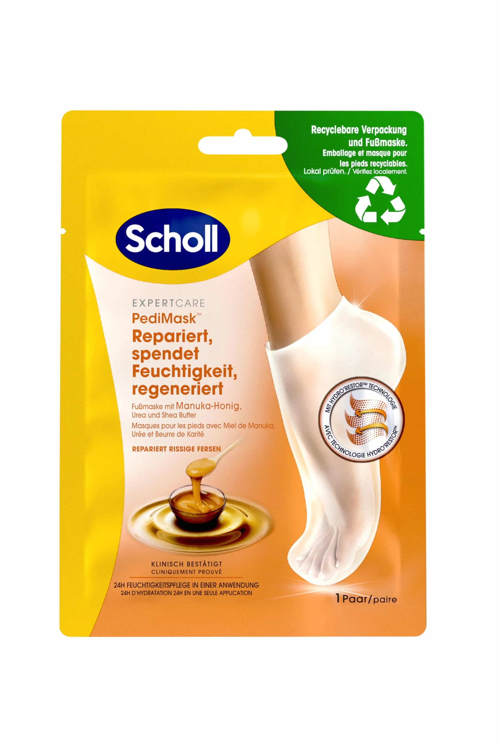 Scholl Lot de 2 masques pour les pieds hydratants au miel de Manuka