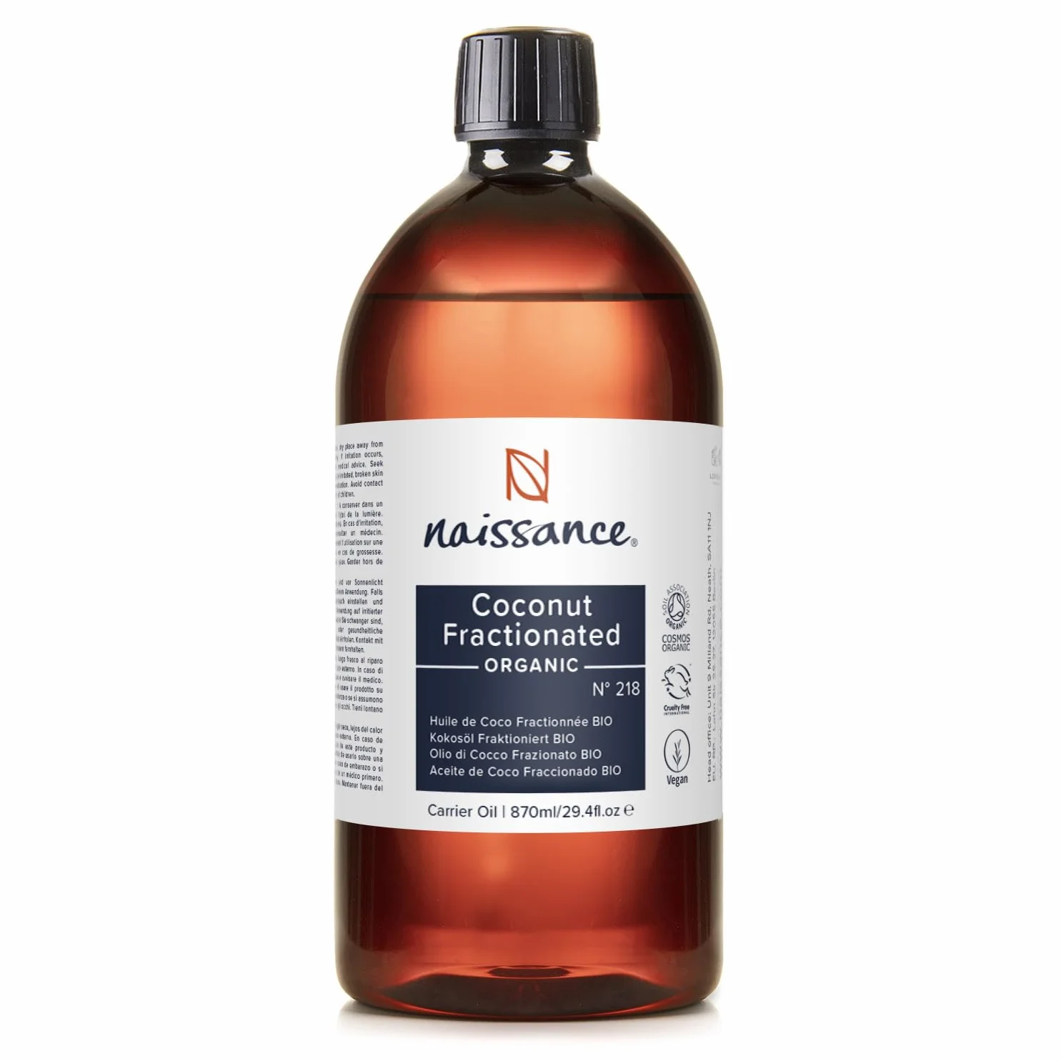 Naissance Huile De Coco Fractionnée Liquide BIO (No. 218) - 870 ml - Légère Et Émolliente, Sans Film Gras - Pour Soin de la Peau, Cheveux, Corps