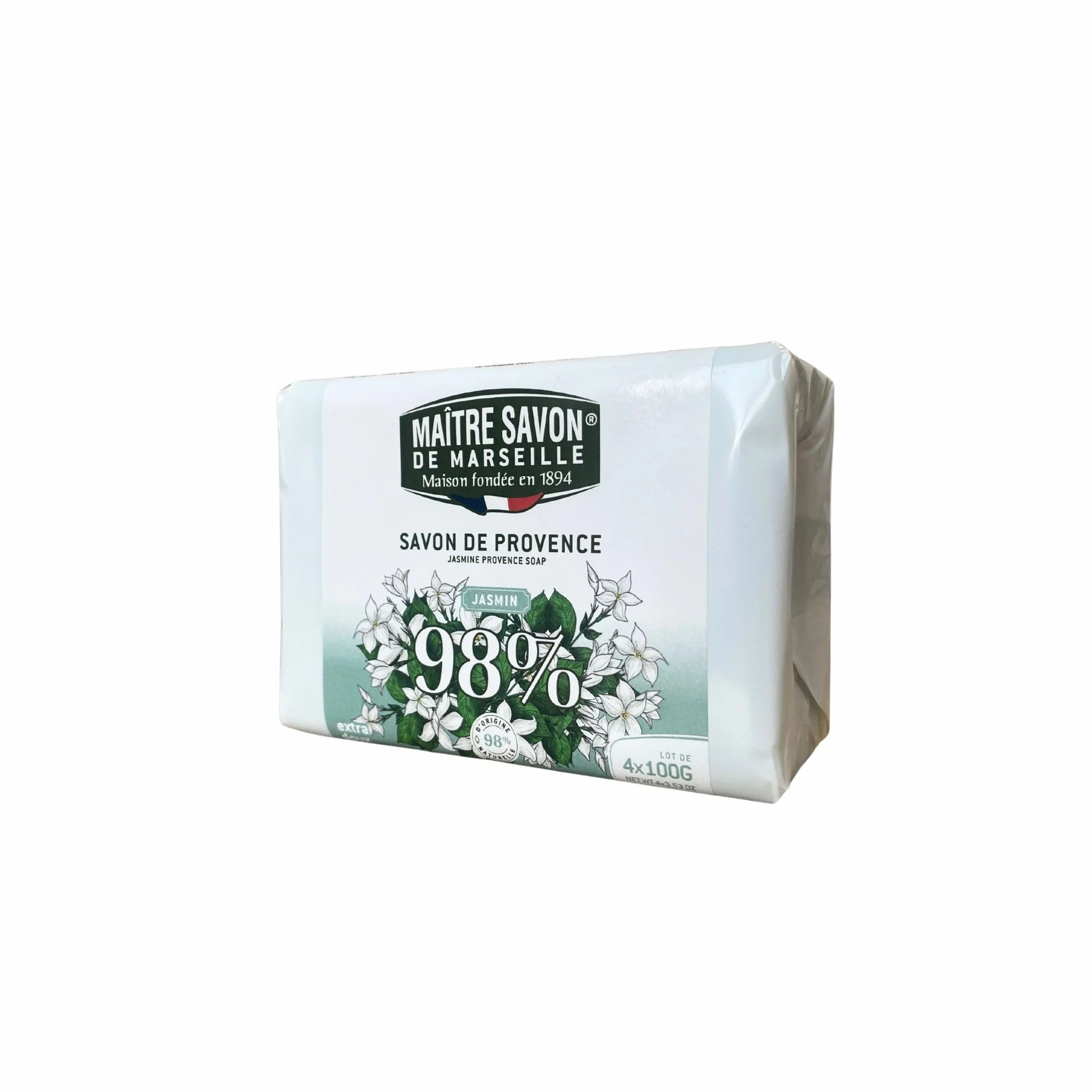 Savon de Marseille Lot de 4 Extra Doux Jasmin 100g Huiles Végétales 98% Naturel Hygiène Mains Corps Fabriqué Marseille