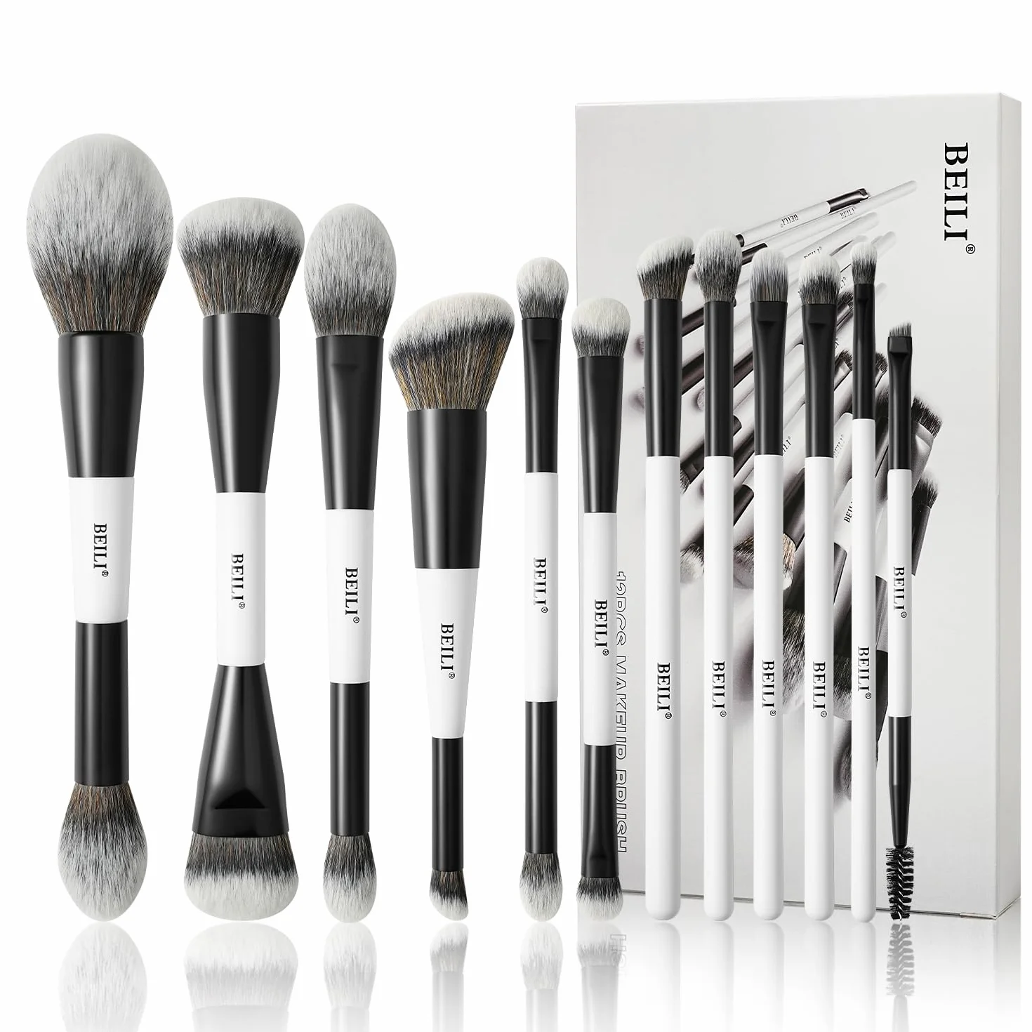BEILI Lot de Pinceaux de Maquillage 12 Pièces, Ensemble de Pinceaux de Maquillage Professionnels, 18-en-12 avec Deux Extrémités pour Poudre, Fond de Teint, Correcteur, Sourcils, Fard à Paupières