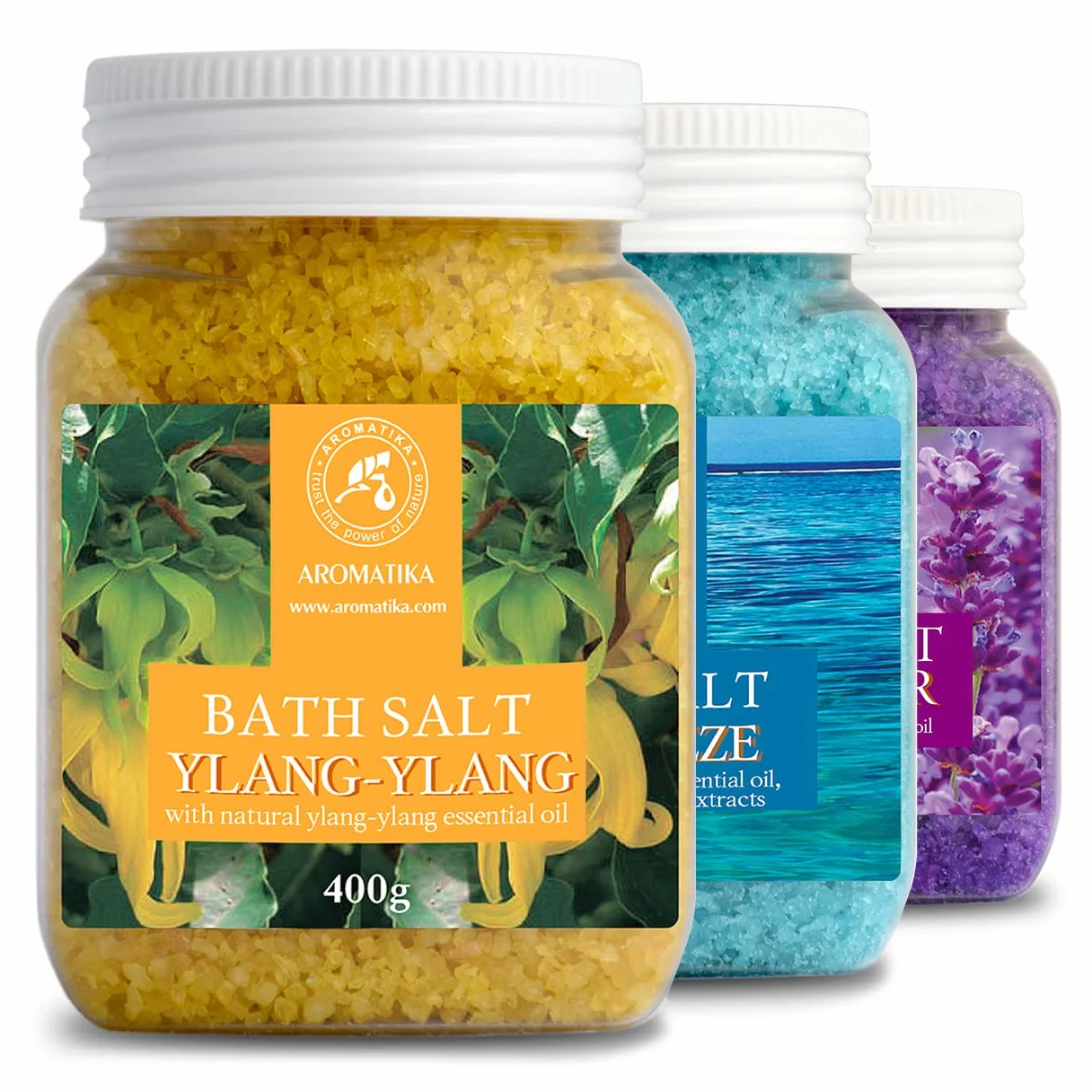 Sels de Bain Set 3x400g de Lavande - Sea Breeze - Ylang-Ylang - Naturelle - Idéal pour Bien Dormir - Soulagement du Stress - Bain - Soins du Corps - Bien-être - Beauté - Détente - Spa