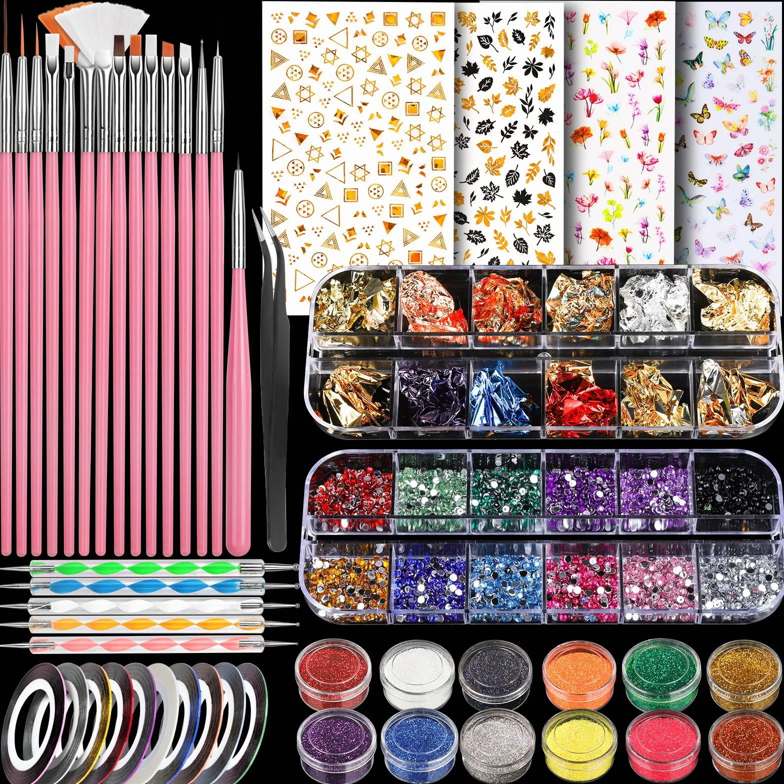 Teenitor Kit de nail art avec paillettes et autocollant à ongles, stylo à ongles pour nail art, outil de pointillage pour ongles en gel, ruban à rayures, pinceaux pour débutants