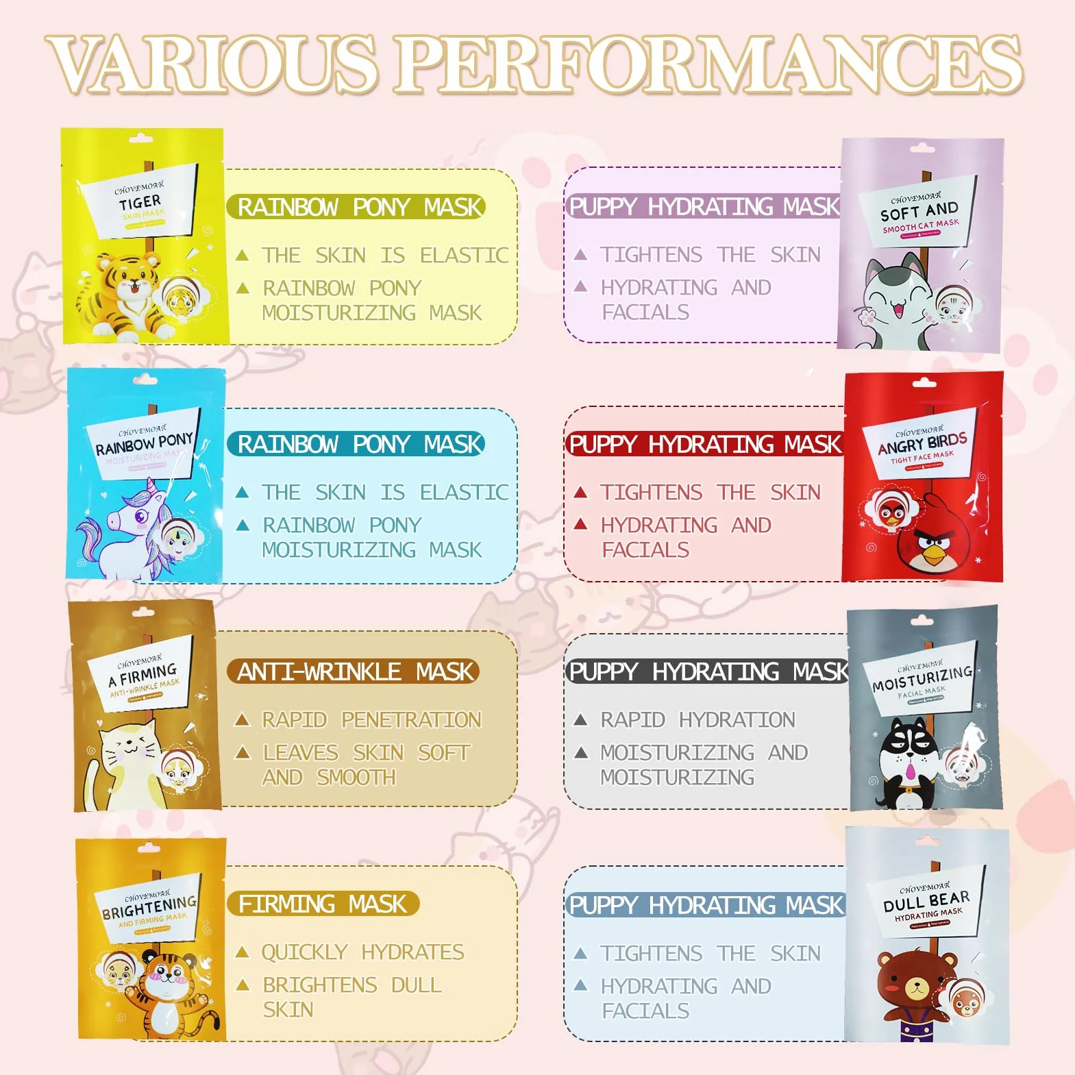 Masque Visage Enfants Fille 8 Pièces Animaux, Masque Tissu Visage Enfant, Masque Beauté Ado