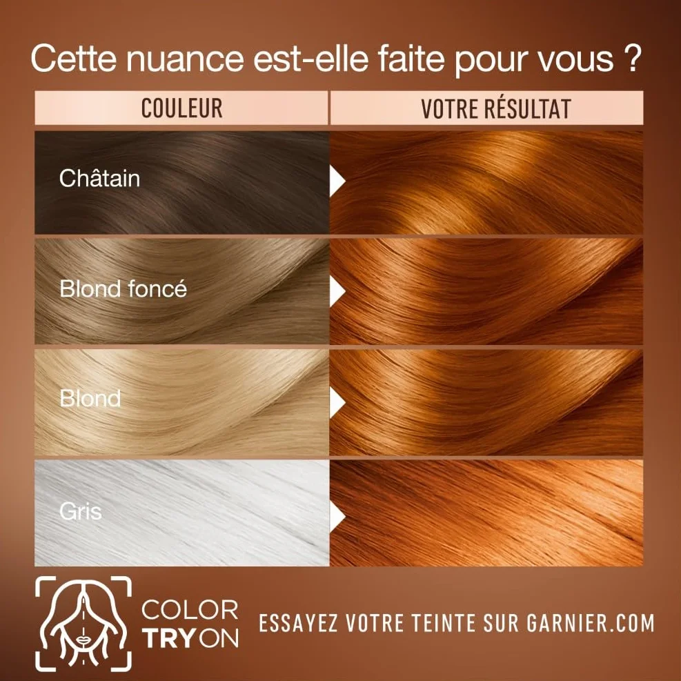 Garnier Coloration Permanente Sans Ammoniaque 90% Ingrédients Naturels Vegan Beurre de Karité 100% Couverture Cheveux Blancs Cuivré Épicé 7.43