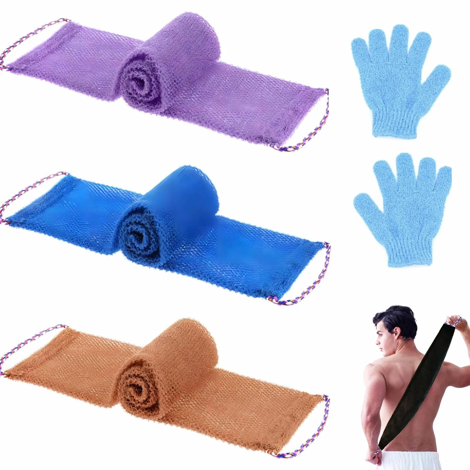 African Net Sponge Lot de 5 éponges en maille africaine pour le dos - 3 éponges + 2 gants exfoliants