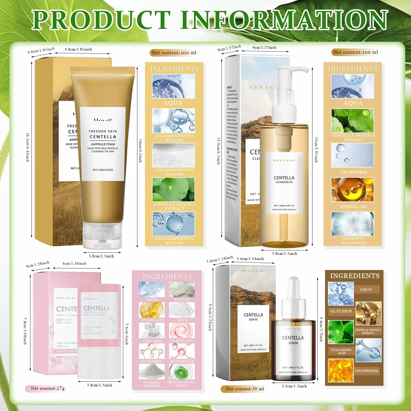 Centella Kit 4 Pièces, Centella Cleansing Oil + Nettoyant Visage + Serum + Stick Mask, Skincare Kit pour Peaux Sensibles