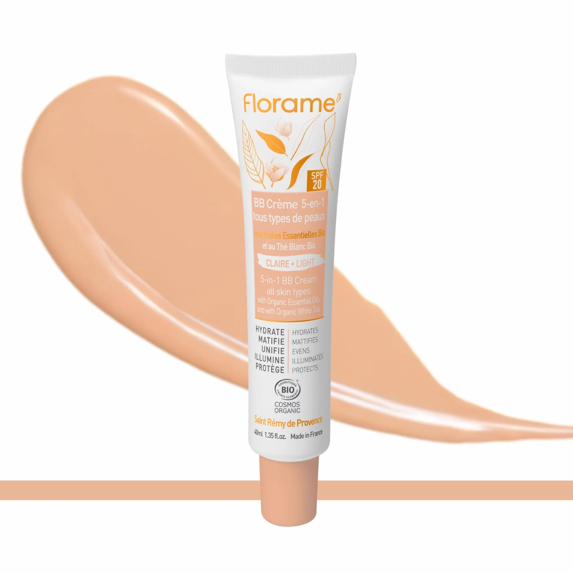 Florame BB Crème 5-en-1 SPF 20 – Teint Parfait Naturel – Hydrate, Unifie & Protège – 40 ml – Fabriquée en France - BB crème Claire